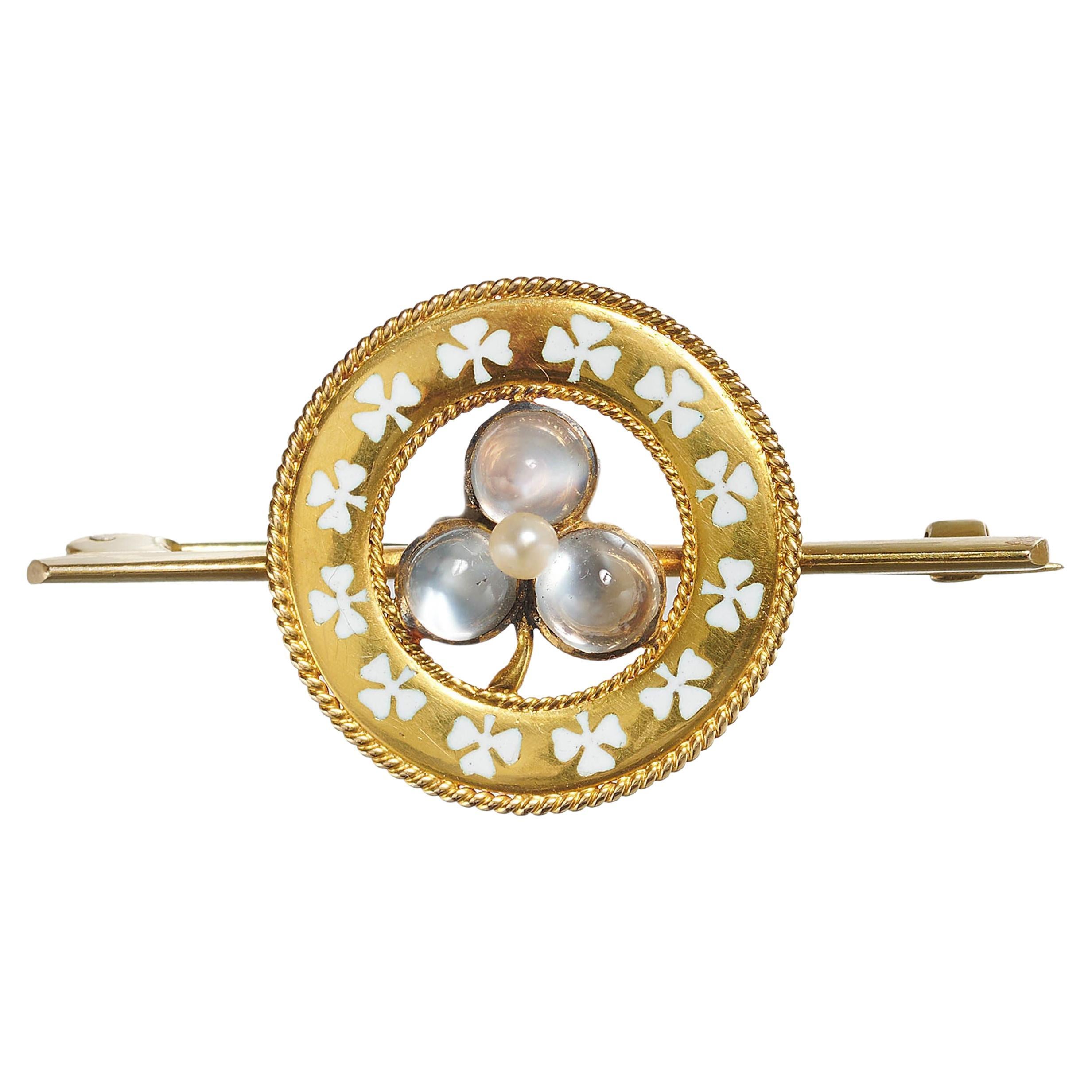 Antique Moonstone Natural Pearl Enamel And Gold Lucky Clover Brooch, Circa 1900 For Sale