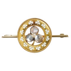 Antique Moonstone Natural Pearl Enamel And Gold Lucky Clover Brooch, Circa 1900