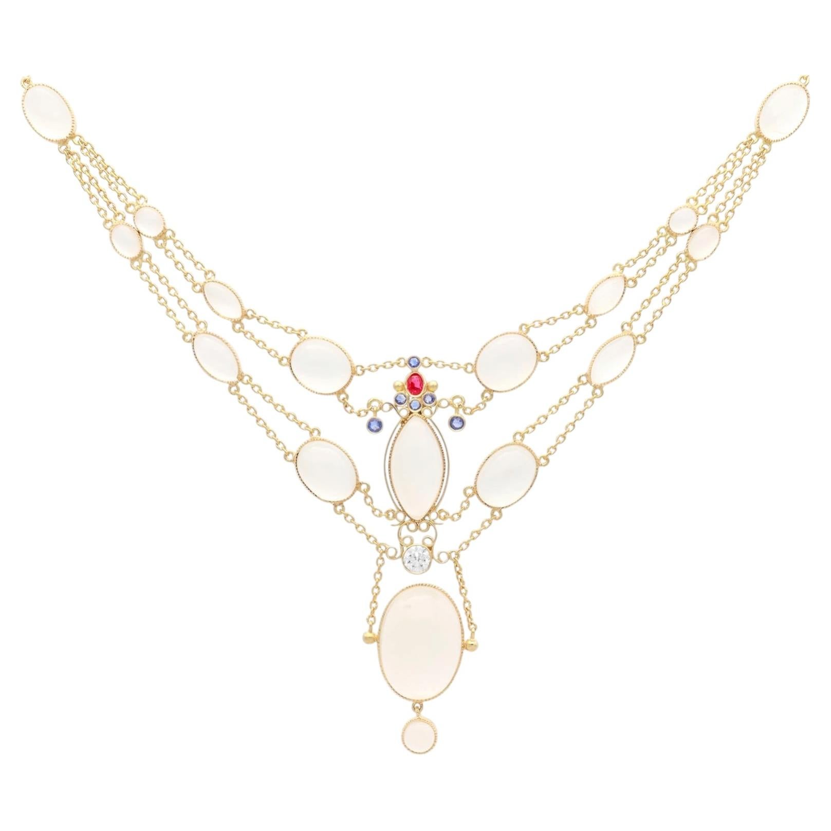 Antique Moonstone Ruby Sapphire and Diamond 18k Yellow Gold Necklace Circa 1900