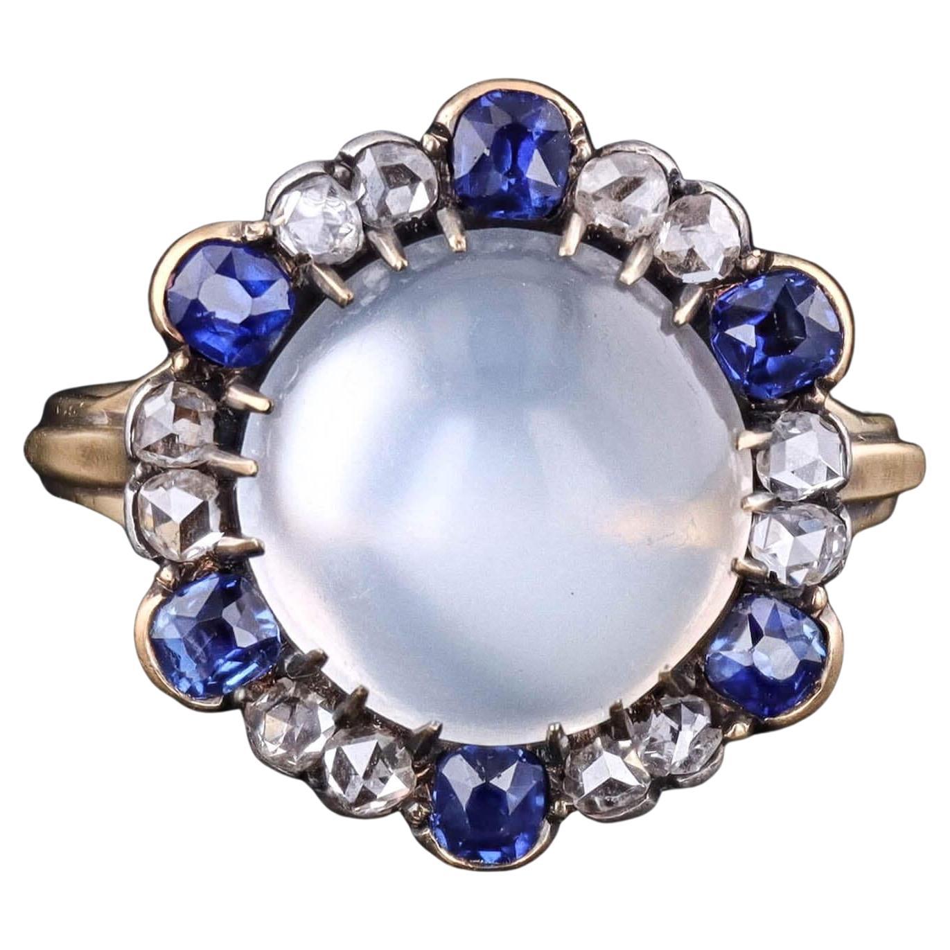 Antique Moonstone, Sapphire & Diamond Ring of 18k Gold