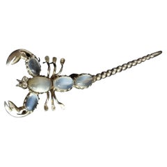Antique Moonstone Scorpion Brooch, Sterling Silver, Late Victorian