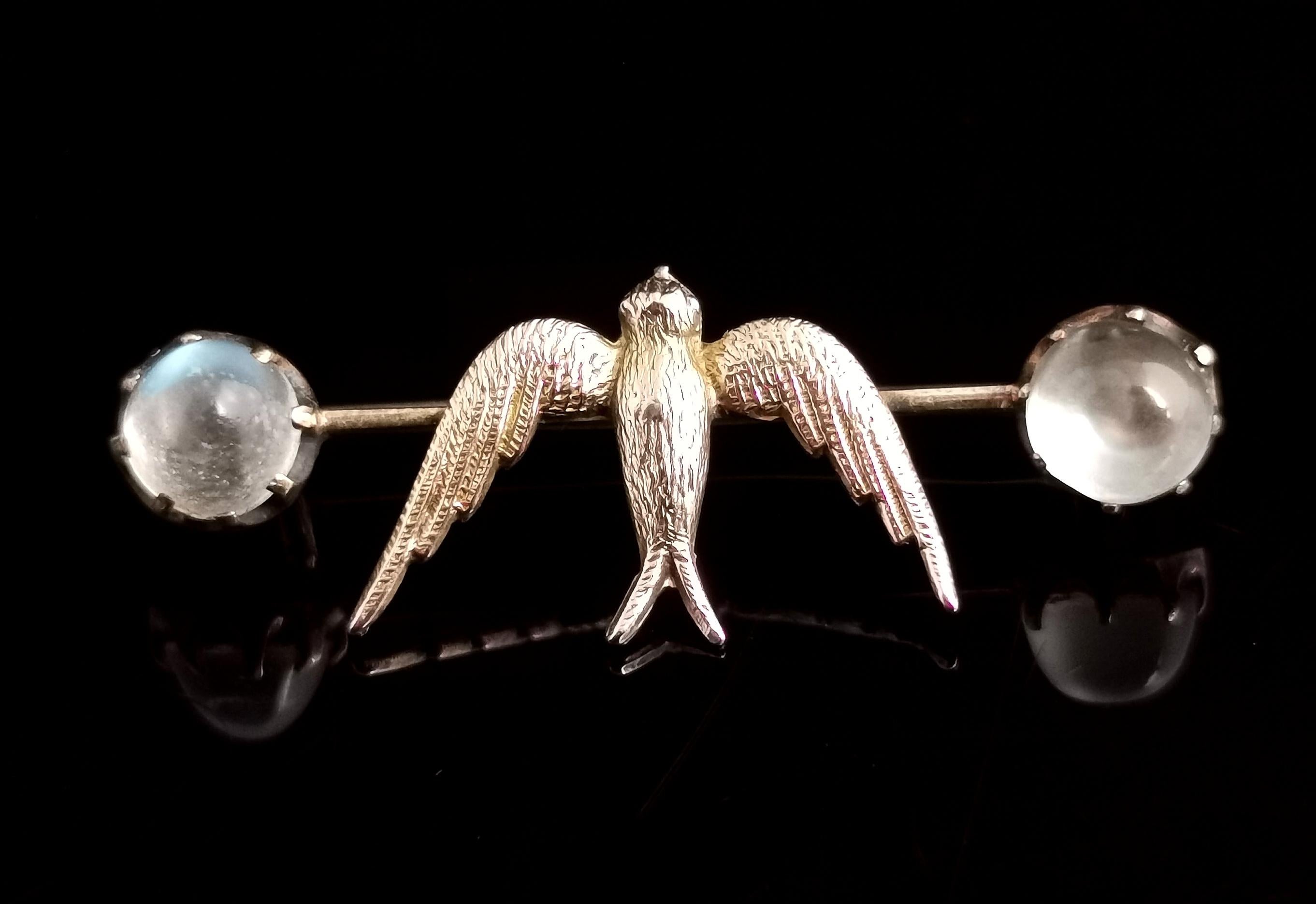 Antique Moonstone Swallow Brooch, 12k Gold, Edwardian Pin 7