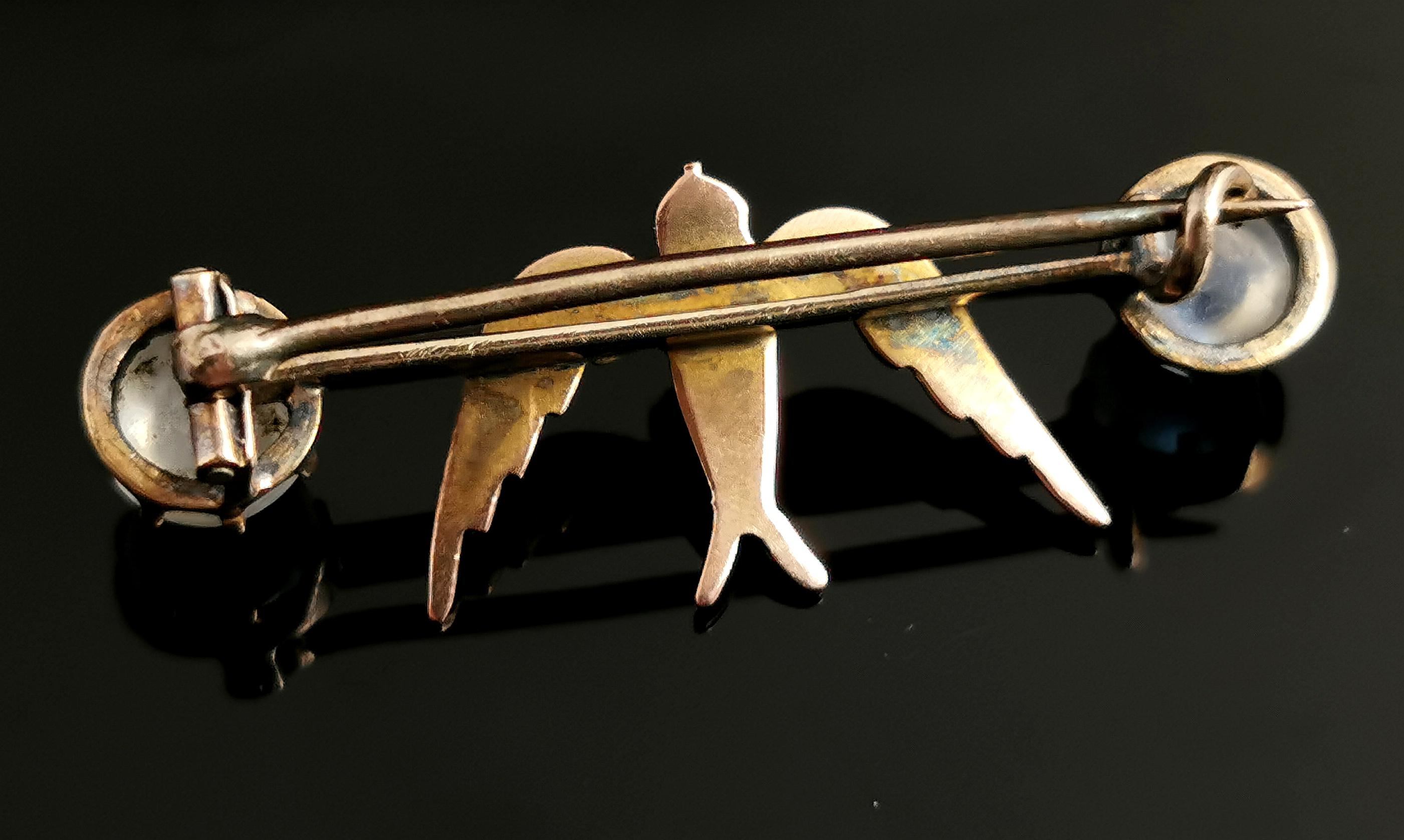 Antique Moonstone Swallow Brooch, 12k Gold, Edwardian Pin 9