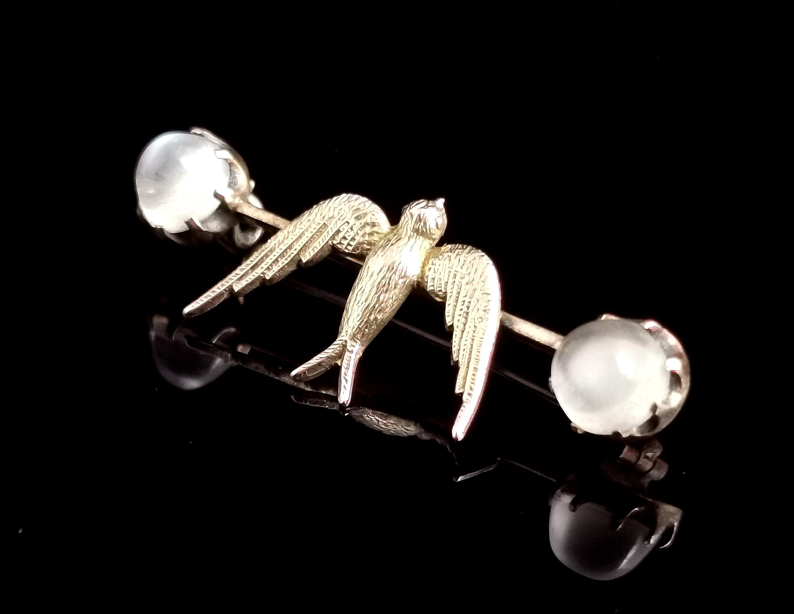 Antique Moonstone Swallow Brooch, 12k Gold, Edwardian Pin 10
