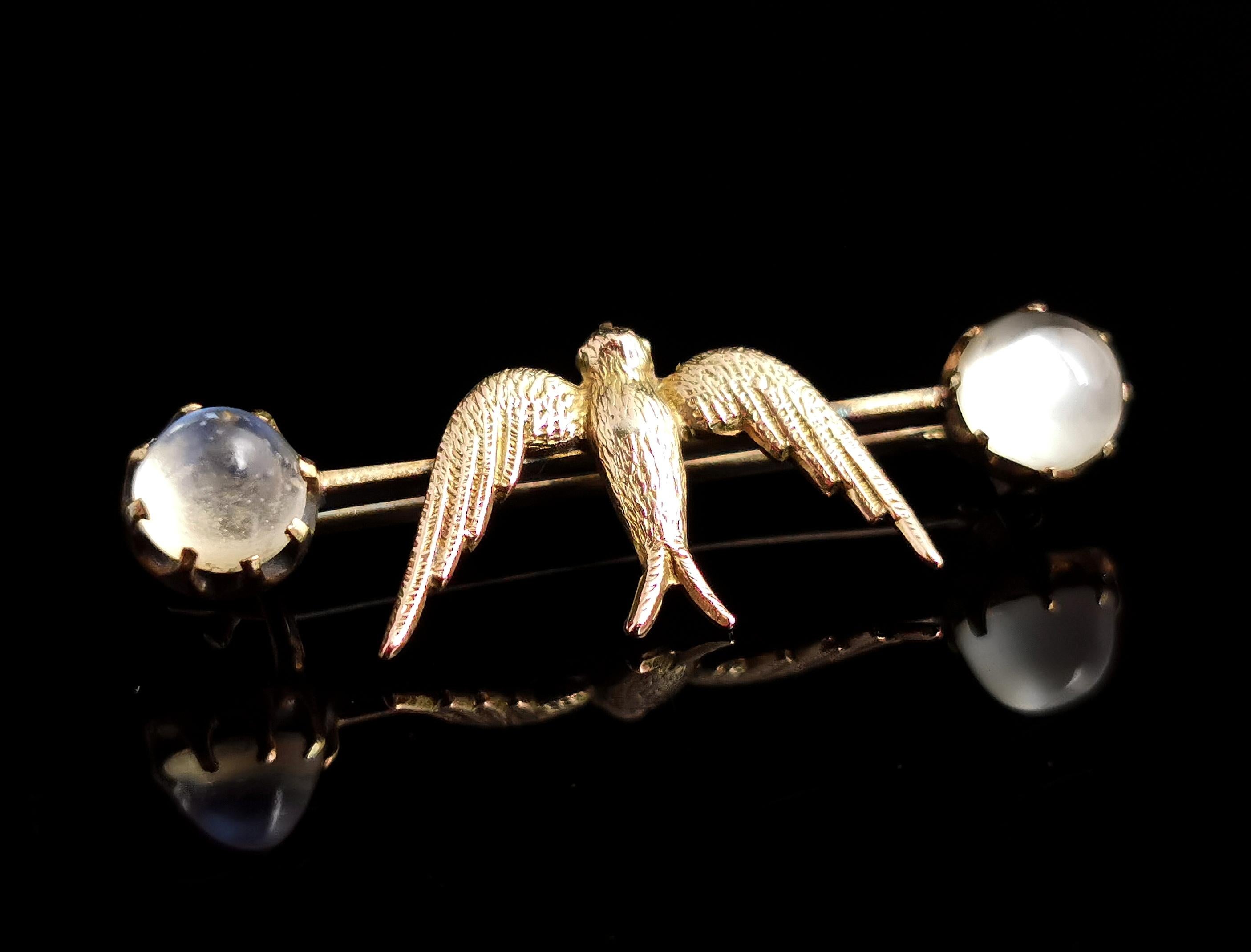 Antique Moonstone Swallow Brooch, 12k Gold, Edwardian Pin 11