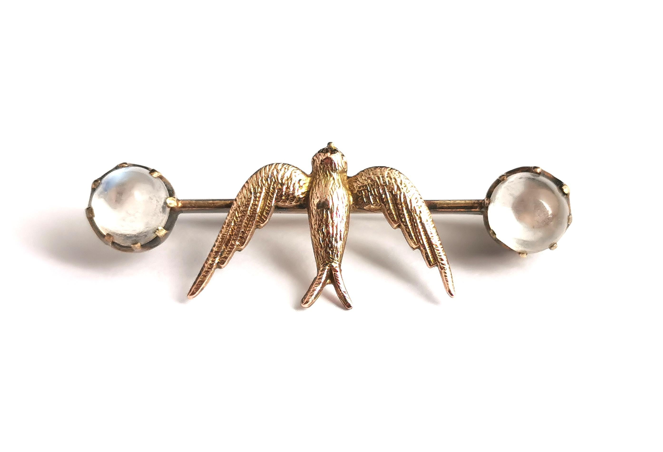 Antique Moonstone Swallow Brooch, 12k Gold, Edwardian Pin 13