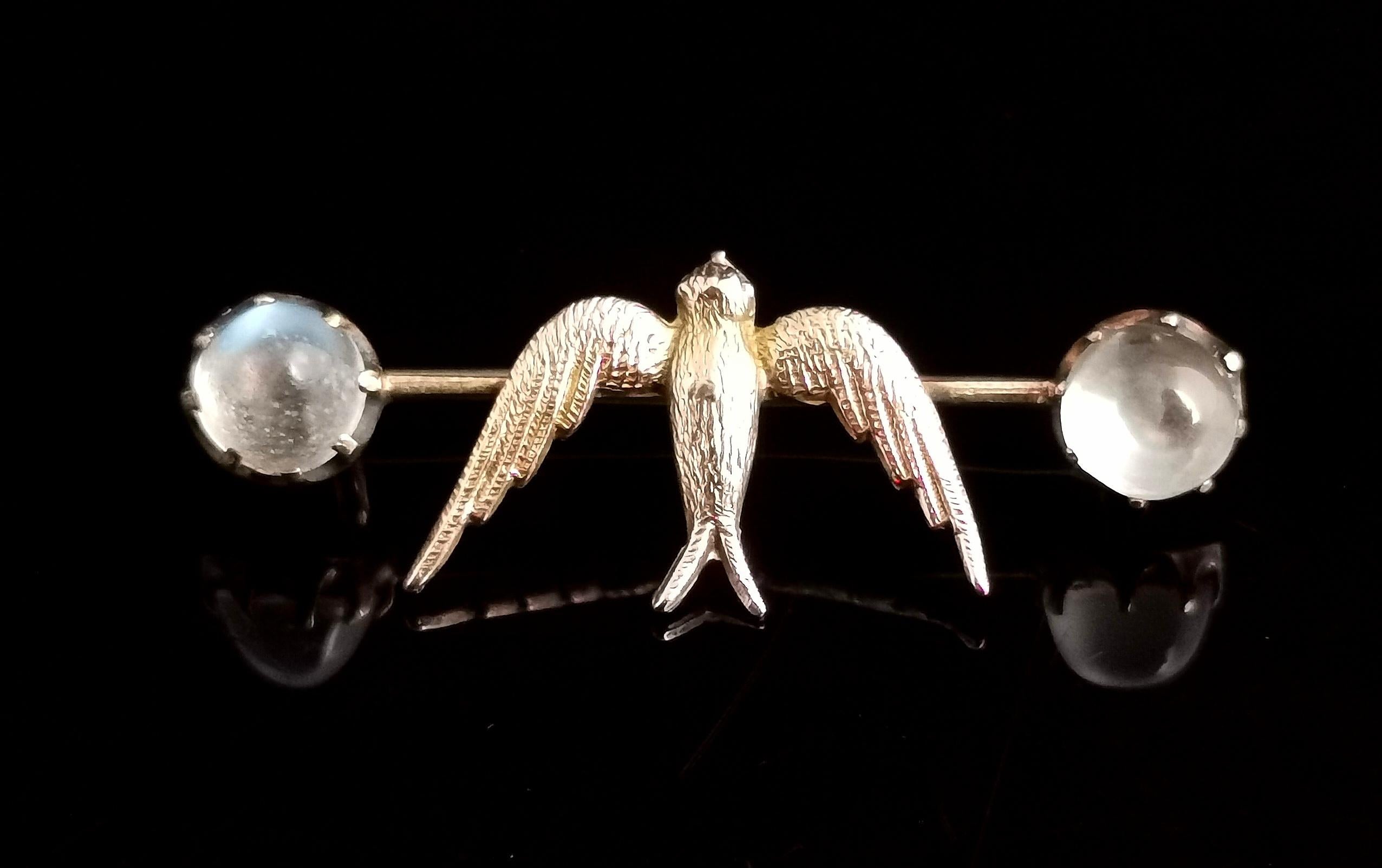 Antique Moonstone Swallow Brooch, 12k Gold, Edwardian Pin 3