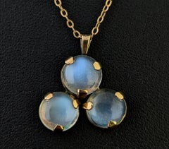 Antique Moonstone trefoil pendant, trace link chain necklace, 9k gold