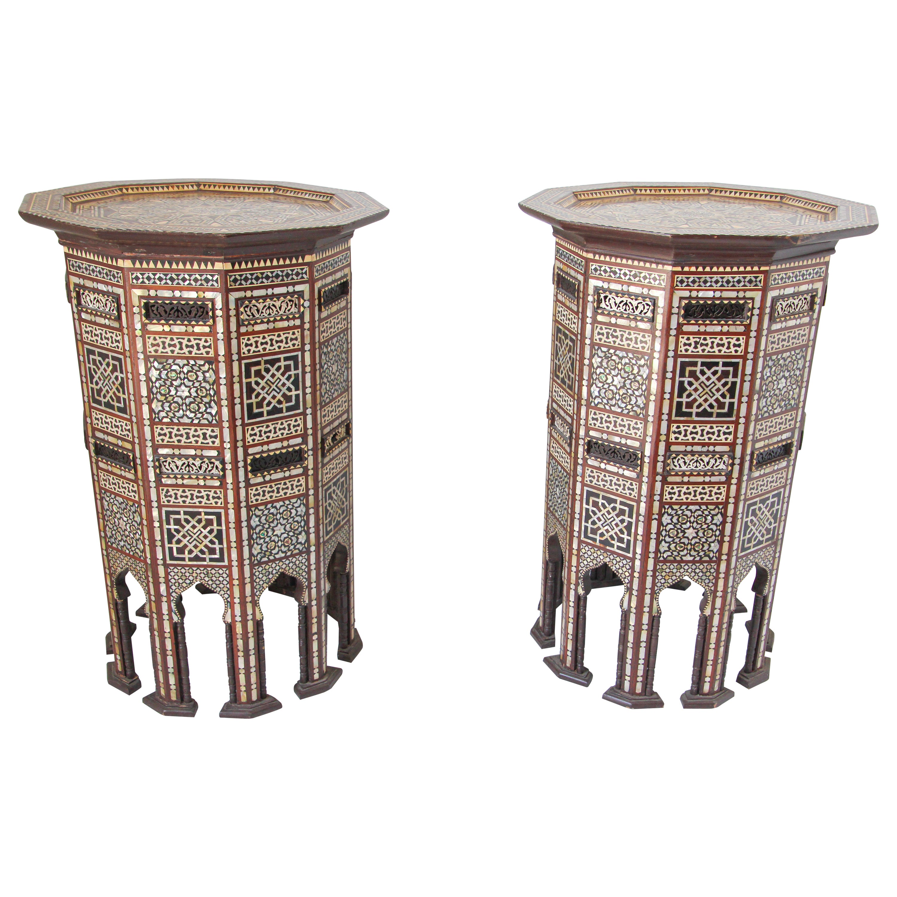 Antique Moorish Andalusian Side Pedestal Tables Mosaic Inlaid, a Pair