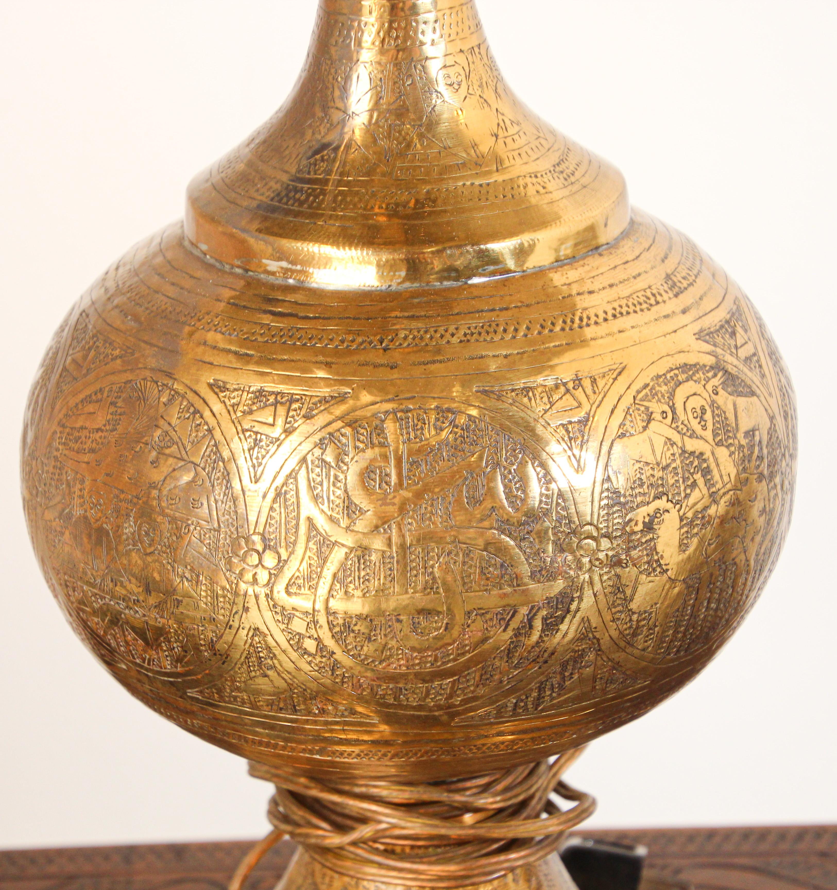 Hand-Carved Antique Moorish Brass Table Lamp with Arabic Script For Sale