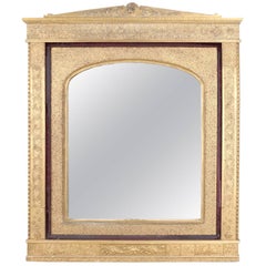 Antique Moorish Carved Giltwood and Velvet over Mantel Wall Mirror, 19th Century