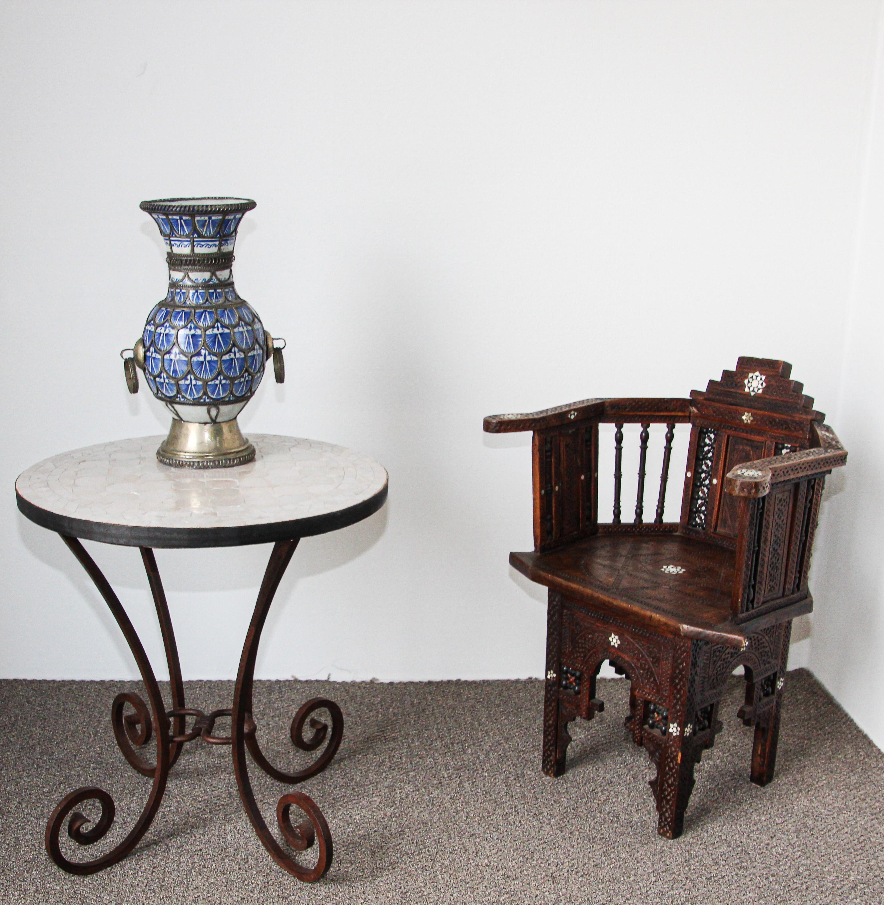 Antique Moorish  Ceramic Vase from Fez Blue and White with Silver filigree For Sale 1