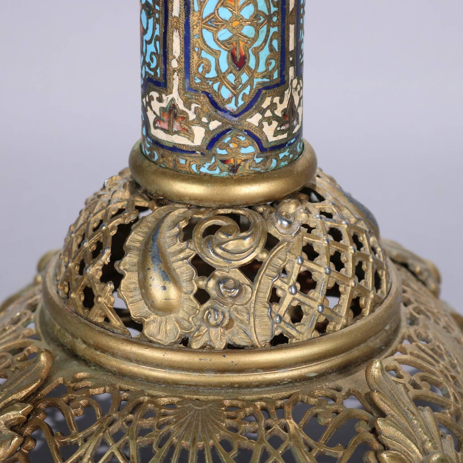 American Antique Moorish Champleve Brass Parlor Oil Lamp Signed Bradley & Hubbard