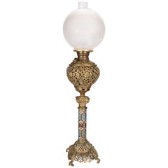 Antique Moorish Champleve Brass Parlor Oil Lamp Signed Bradley & Hubbard