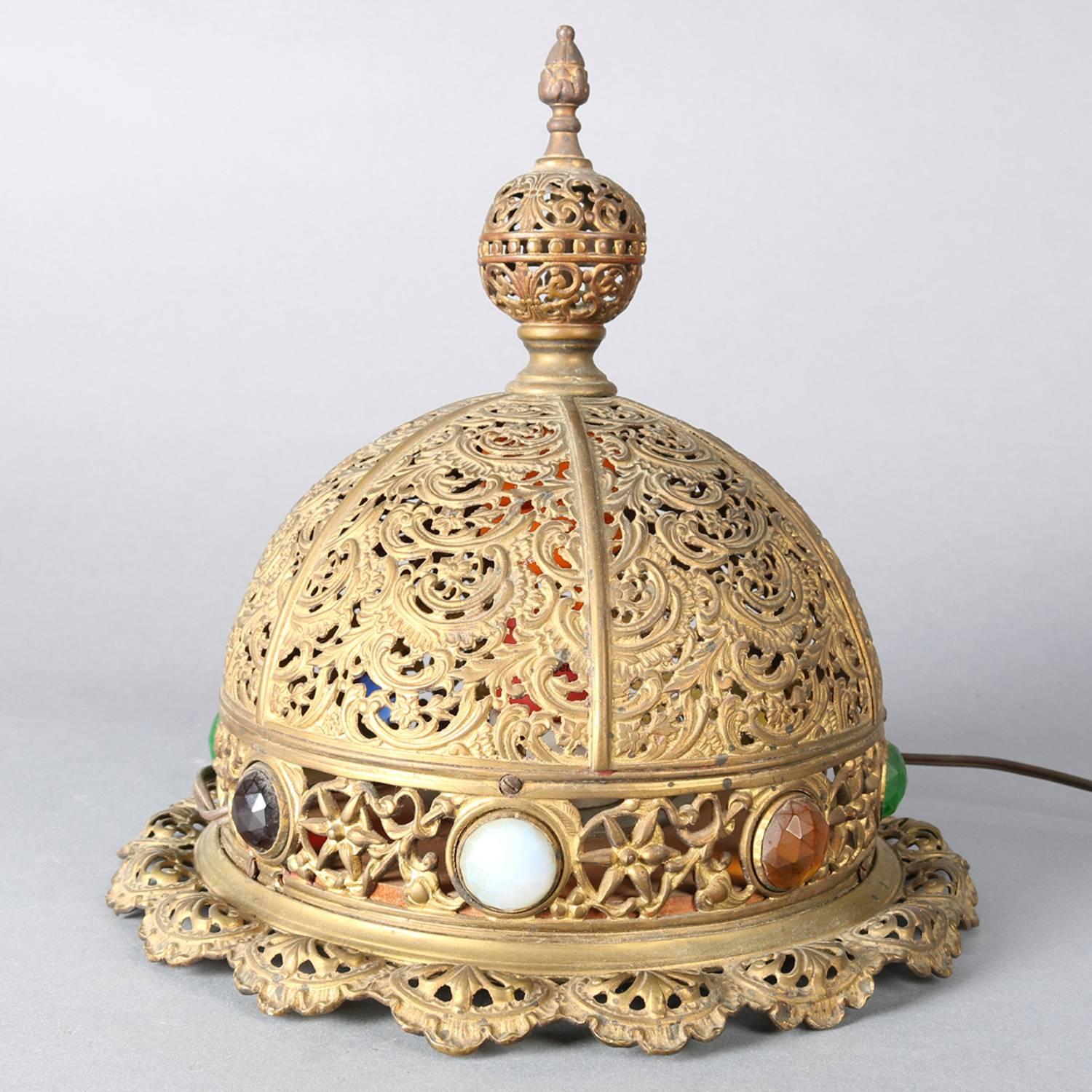 Antique Moorish Jewelled and Reticulated Brass Moroccan Dome Table Lamp 3