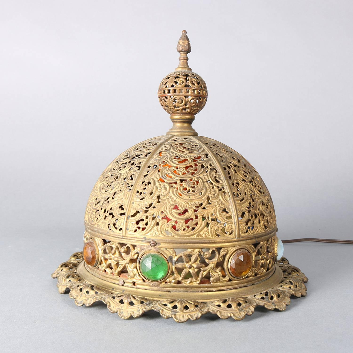 Antique Moorish Jewelled and Reticulated Brass Moroccan Dome Table Lamp 4