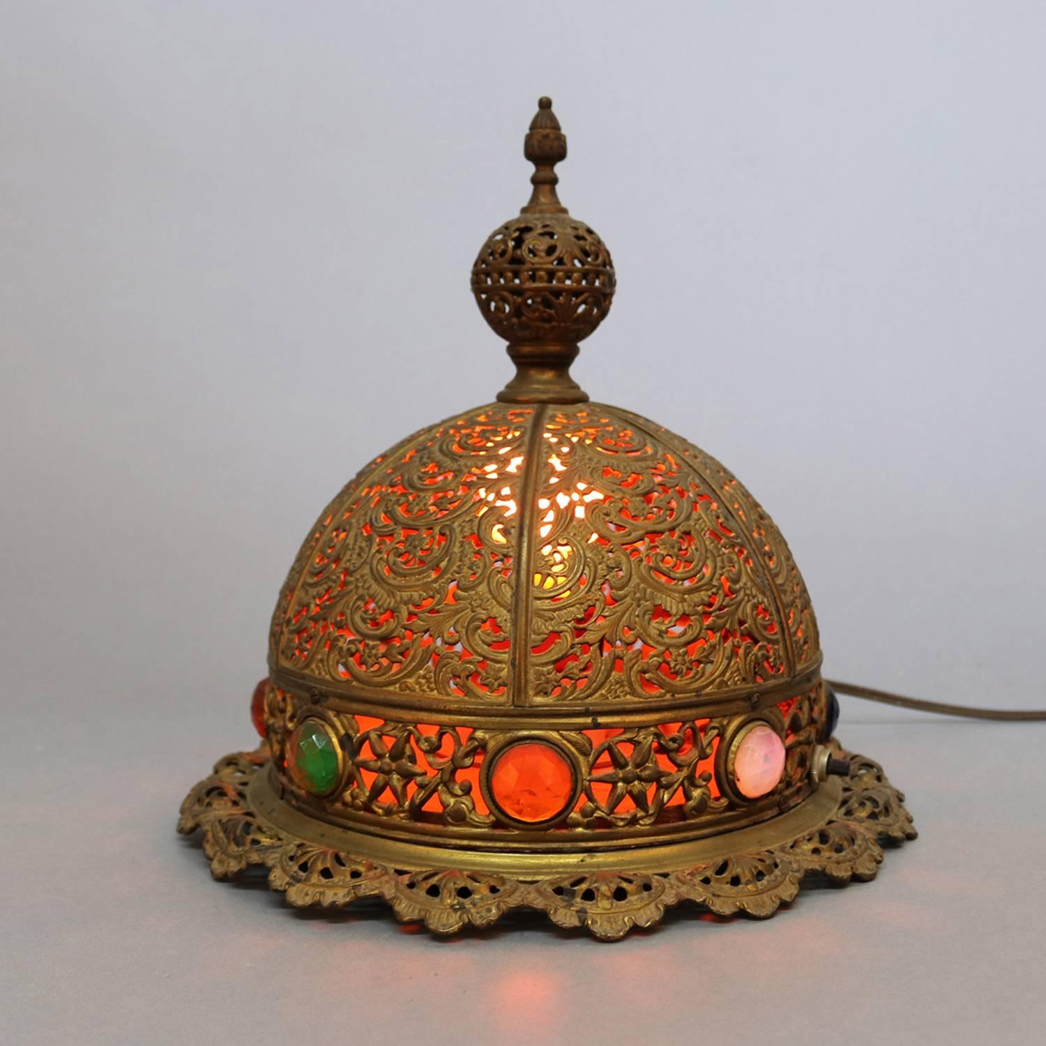Cast Antique Moorish Jewelled and Reticulated Brass Moroccan Dome Table Lamp
