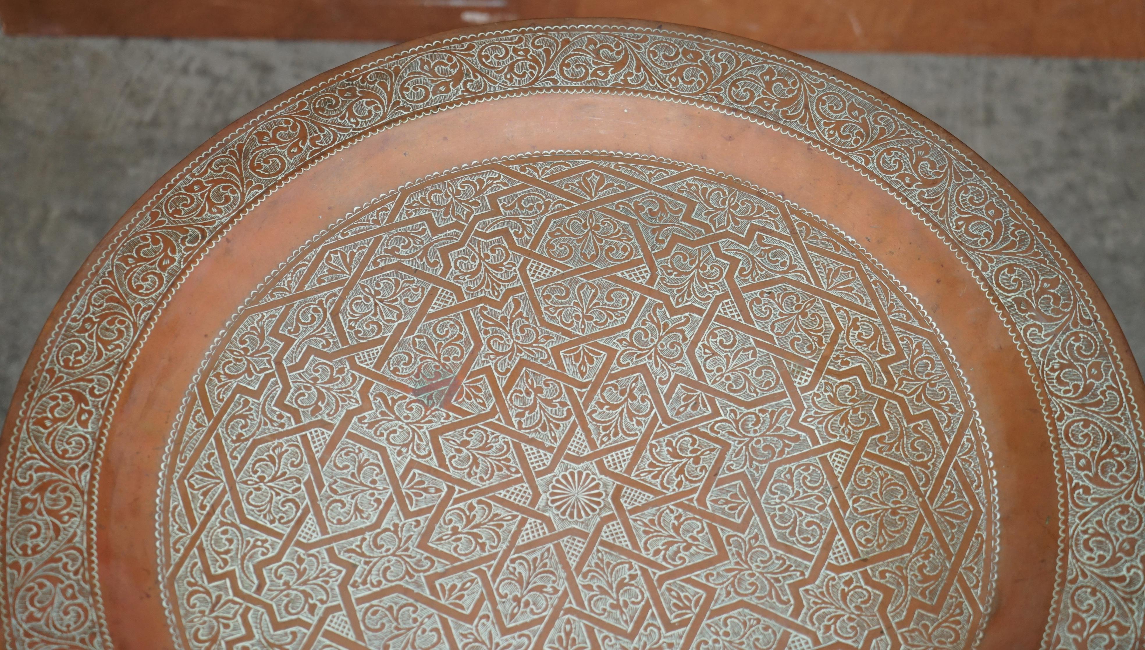Wood Antique Moorish Moroccan Liberty's London Bronze Folding Tray Table Engraved Top