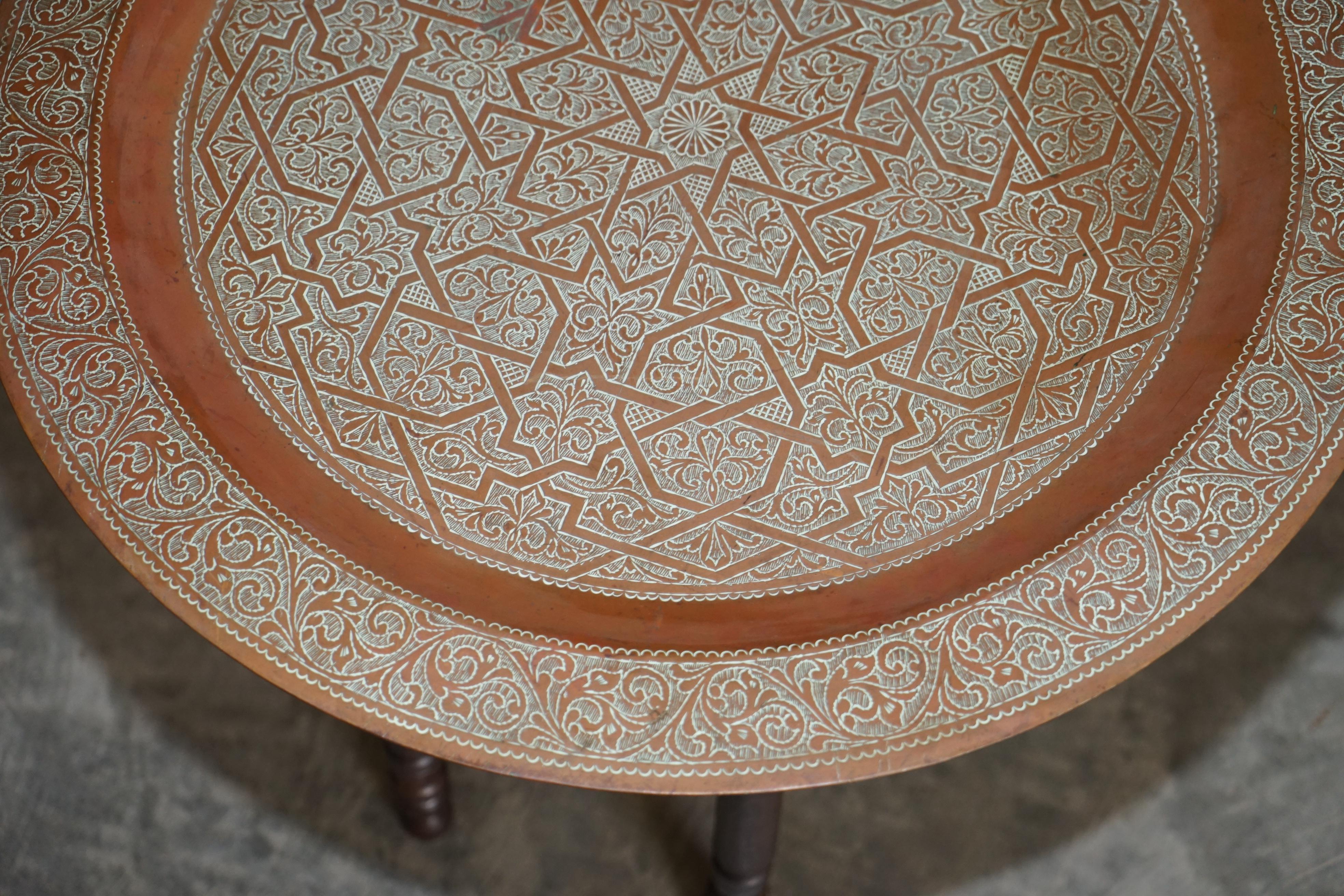 Antique Moorish Moroccan Liberty's London Bronze Folding Tray Table Engraved Top 3