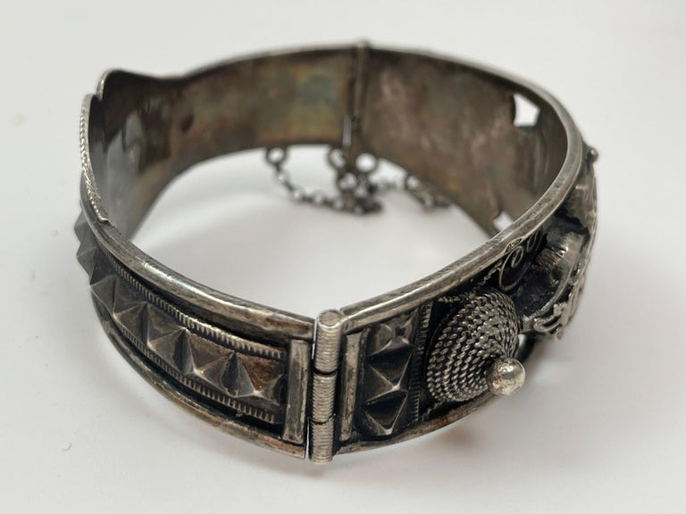 Bracelet Ancien En Argent D'Afrique Du Nord - Bijou Ethnique Occasion - Pierre Argentée