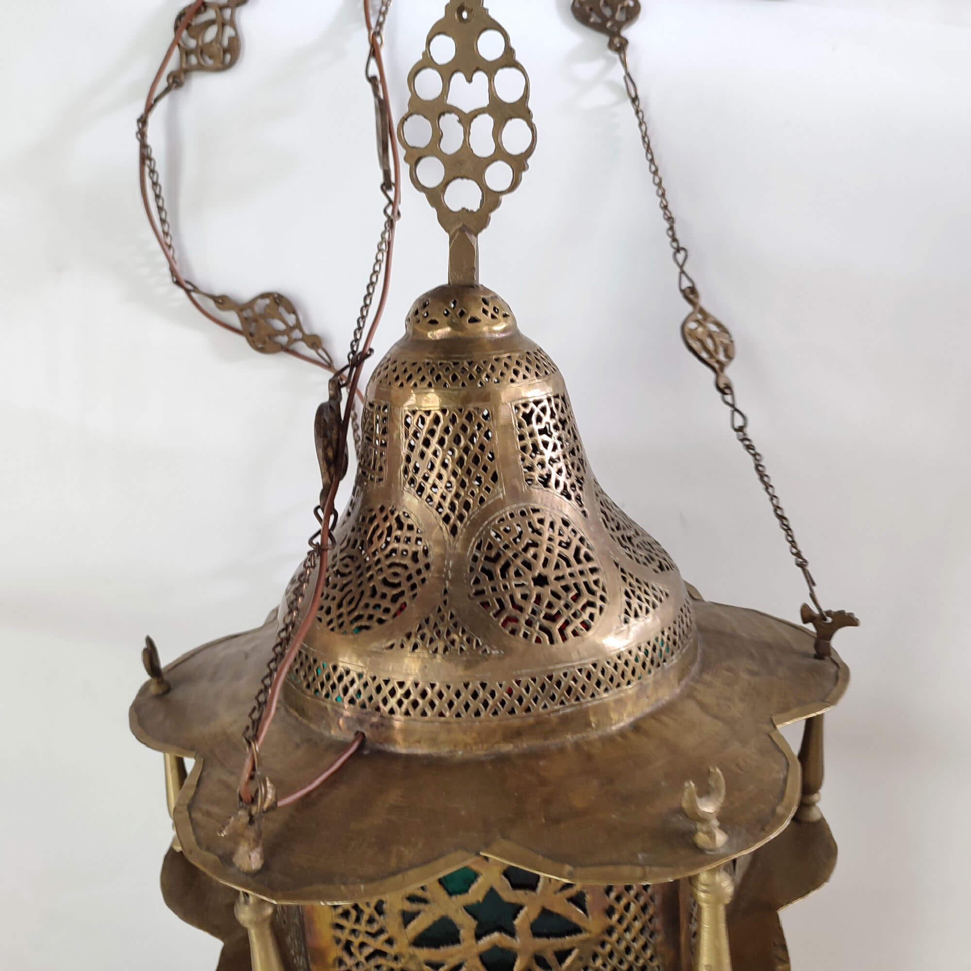 Antique Moorish Pierced Brass and Stained Glass Hanging Lamp, Lantern For Sale 4