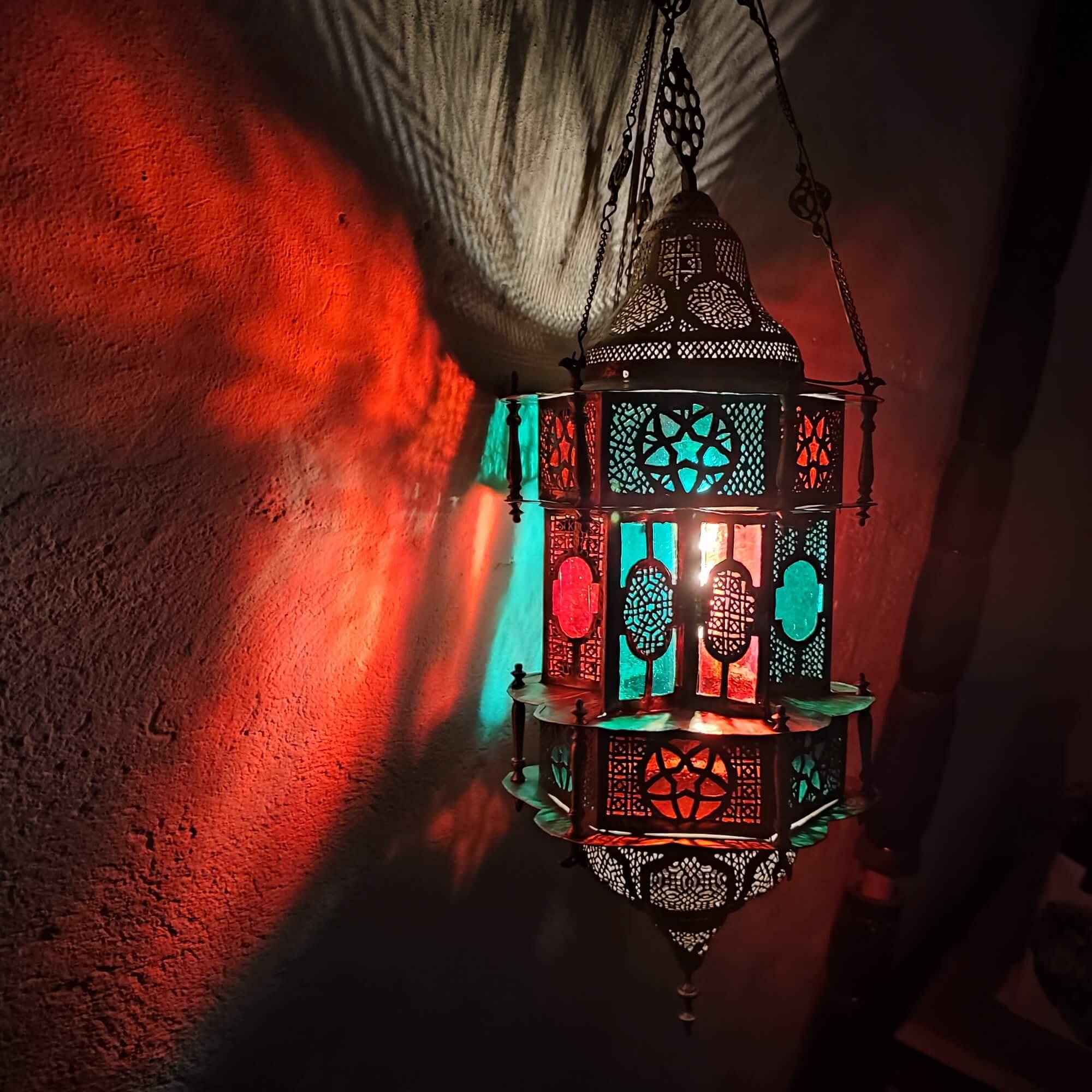 Bohemian Antique Moorish Pierced Brass and Stained Glass Hanging Lamp, Lantern For Sale