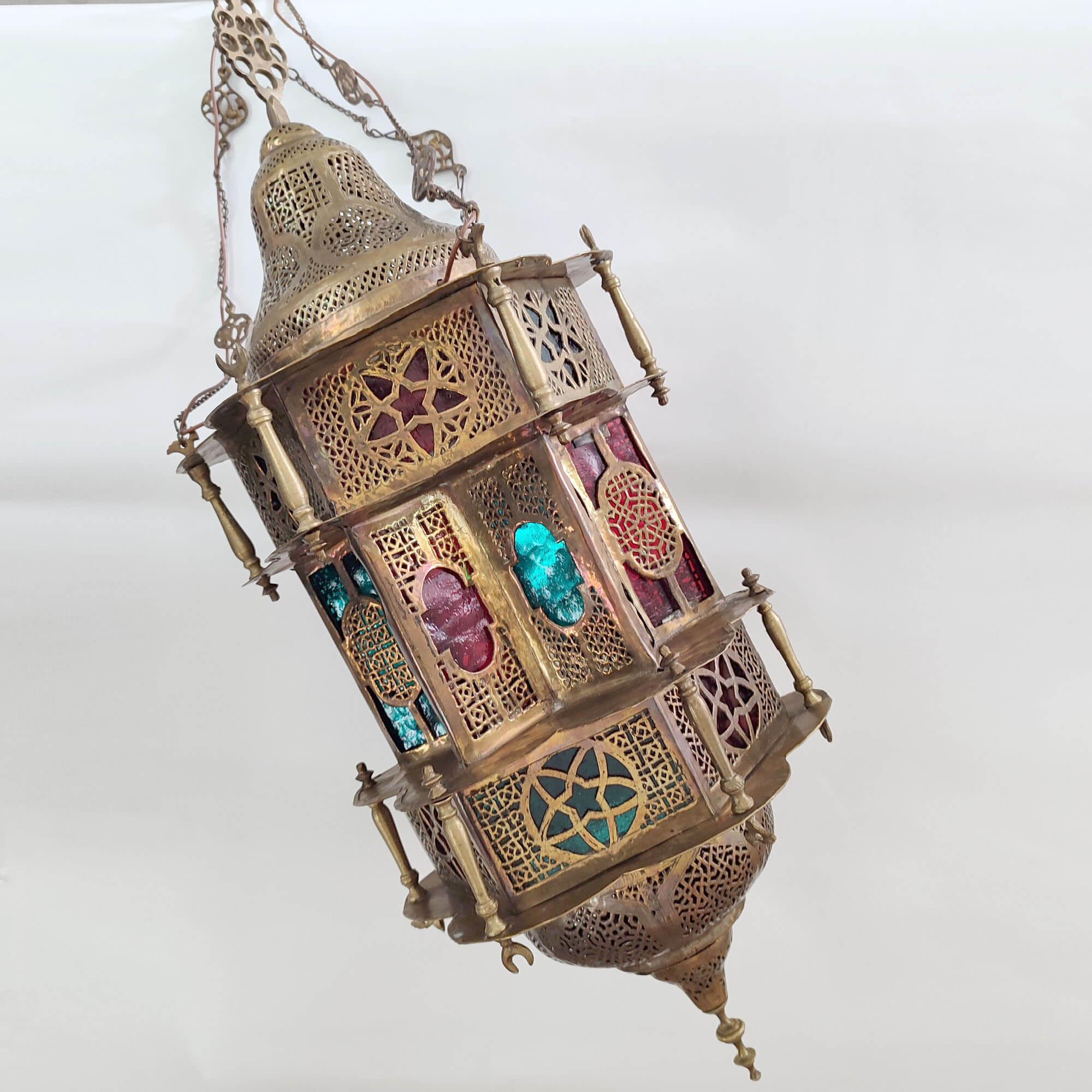Antique Moorish Pierced Brass and Stained Glass Hanging Lamp, Lantern In Good Condition For Sale In Bochum, NRW