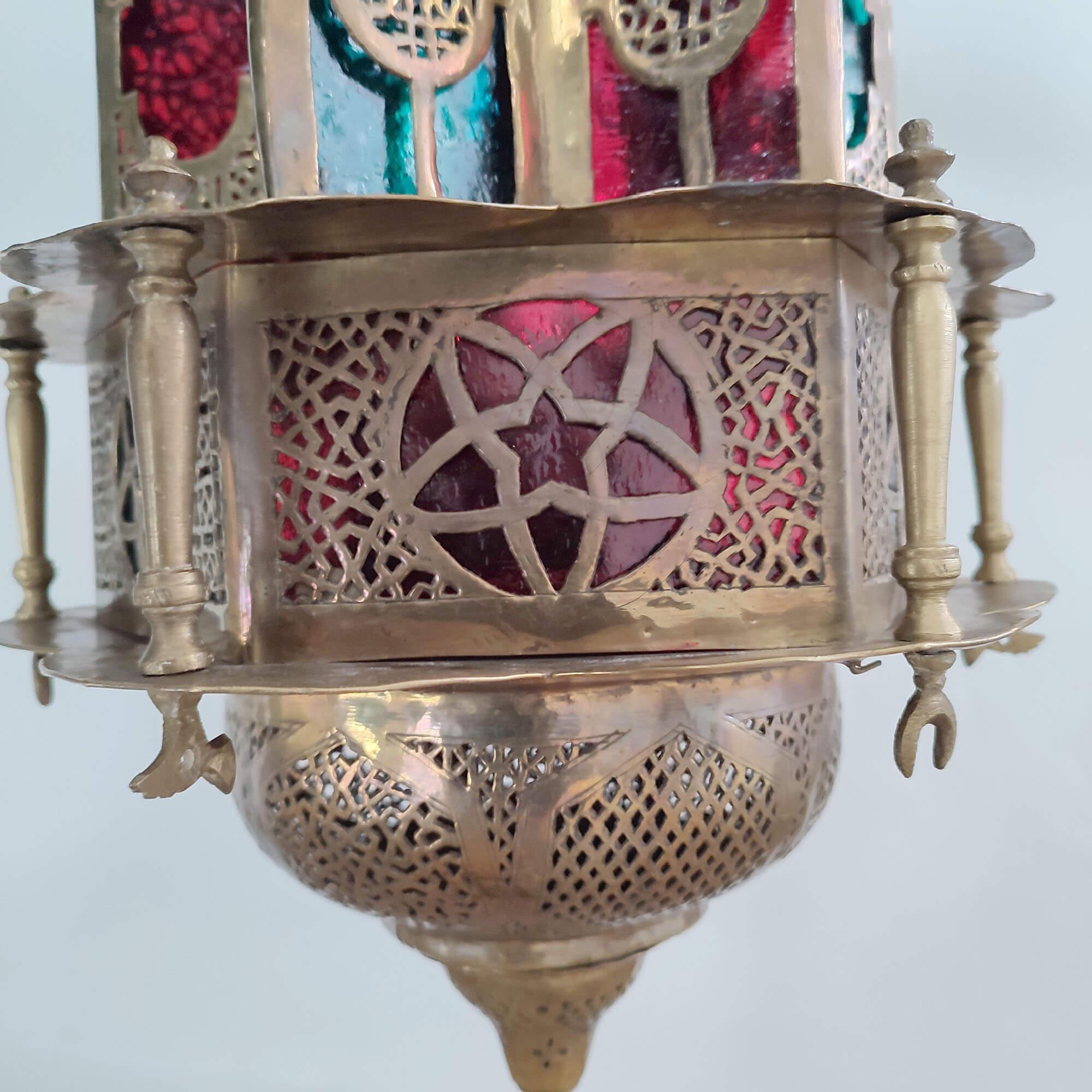 20th Century Antique Moorish Pierced Brass and Stained Glass Hanging Lamp, Lantern For Sale