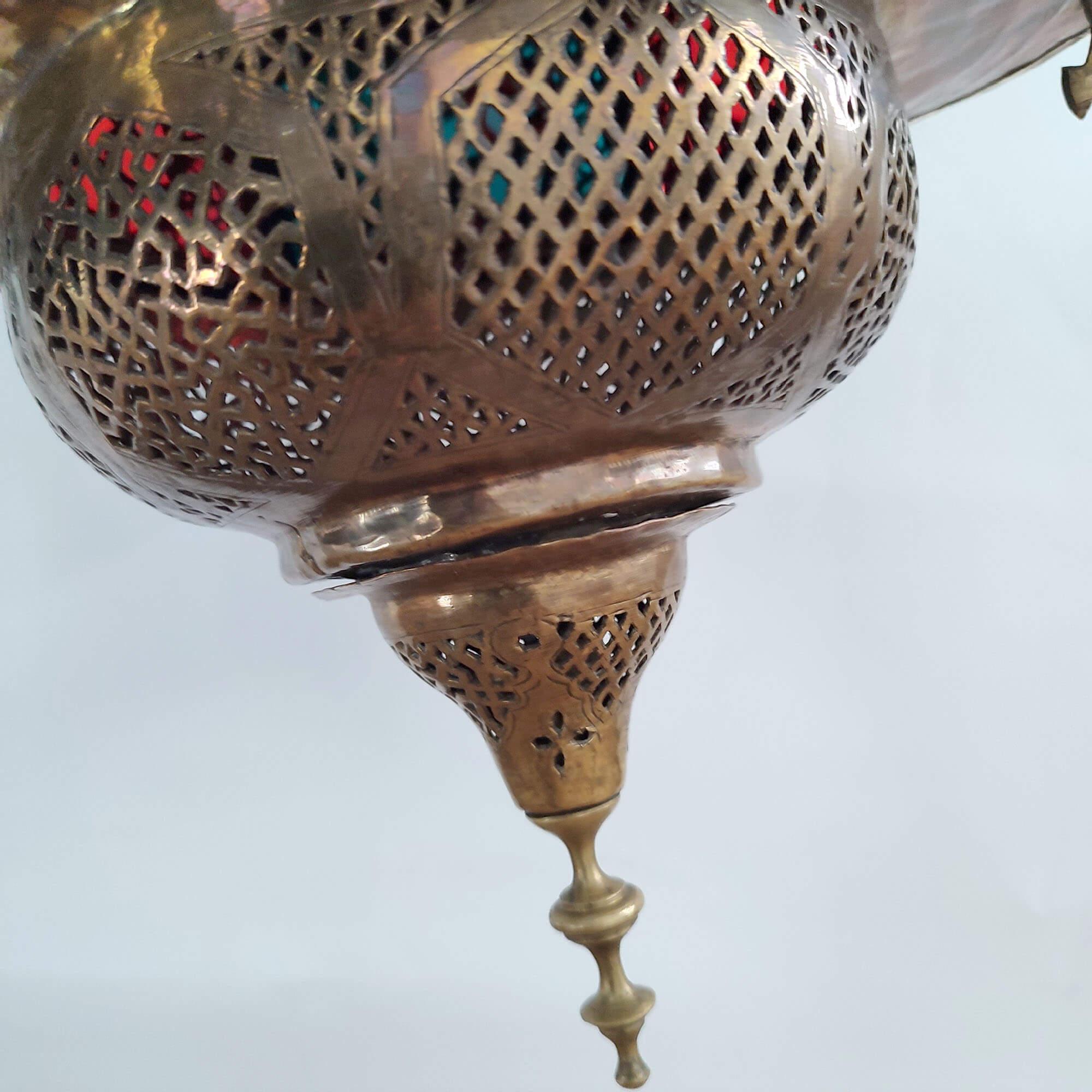Antique Moorish Pierced Brass and Stained Glass Hanging Lamp, Lantern For Sale 1