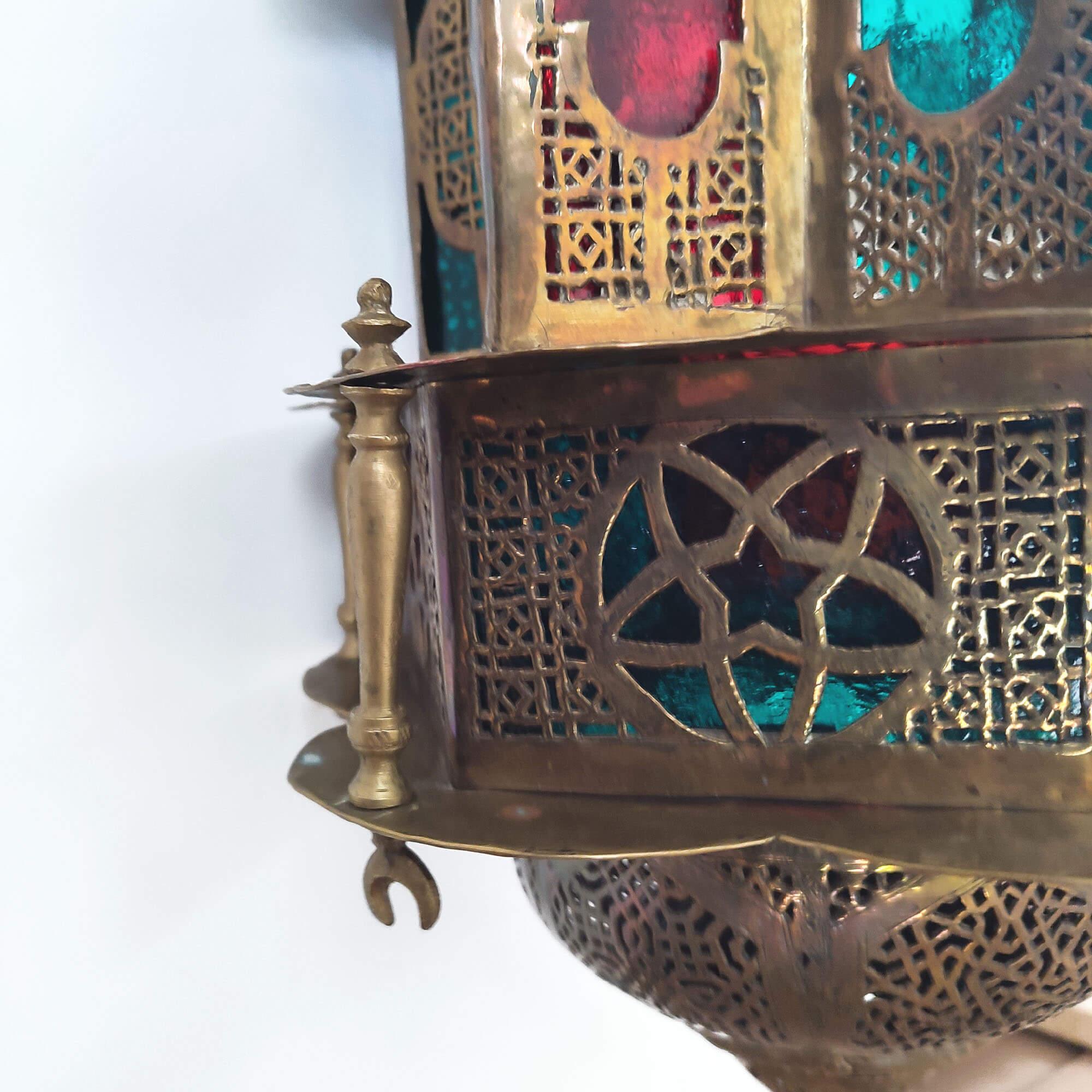 Antique Moorish Pierced Brass and Stained Glass Hanging Lamp, Lantern For Sale 2