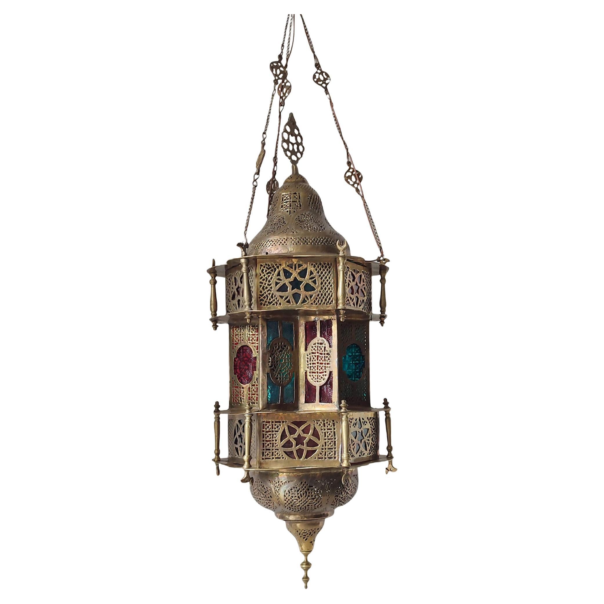 Antique Moorish Pierced Brass and Stained Glass Hanging Lamp, Lantern For Sale