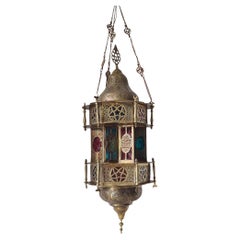 Antique Moorish Pierced Brass and Stained Glass Hanging Lamp, Lantern
