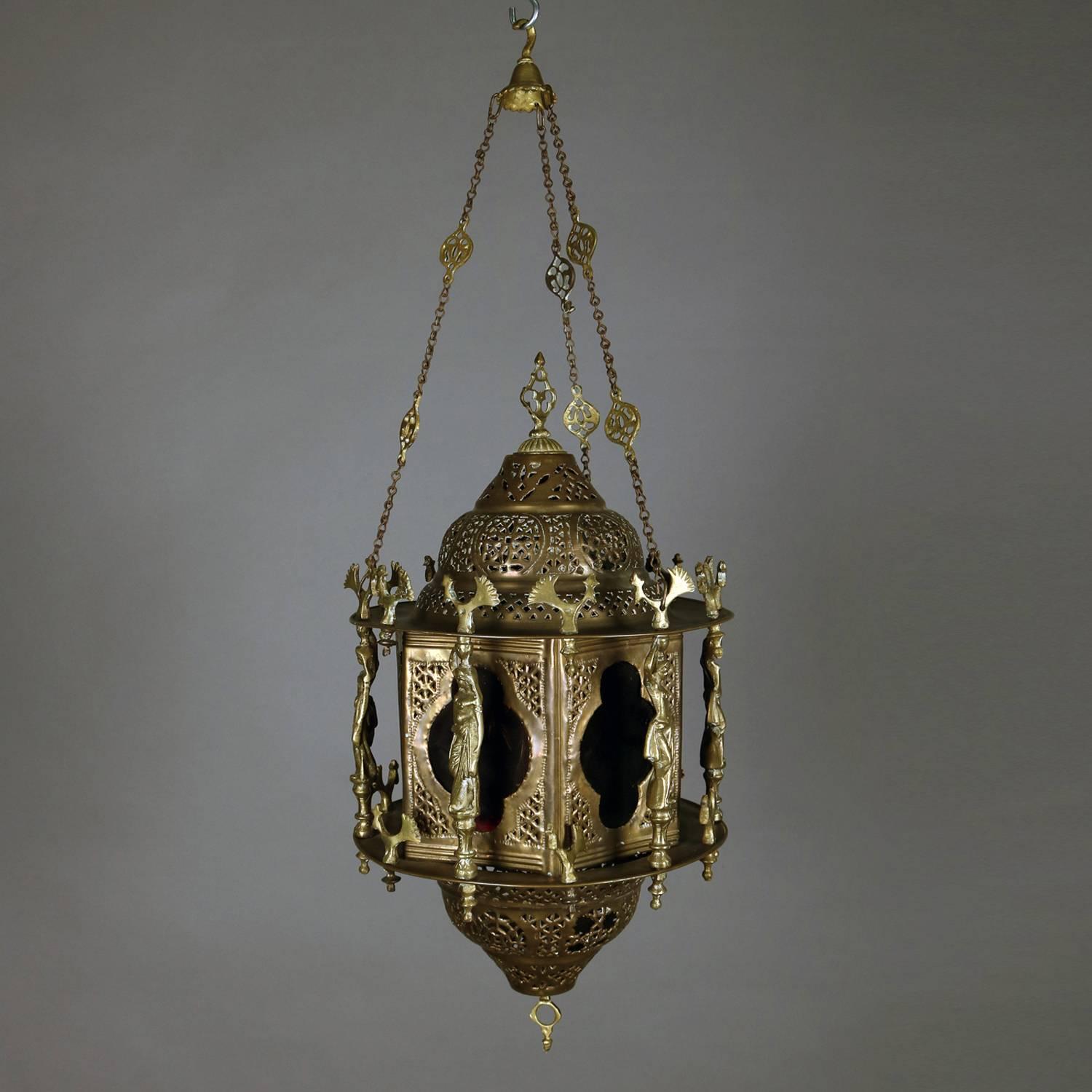 Antique Moorish Reticulated & Figural Brass and Glass Hanging Lantern 4