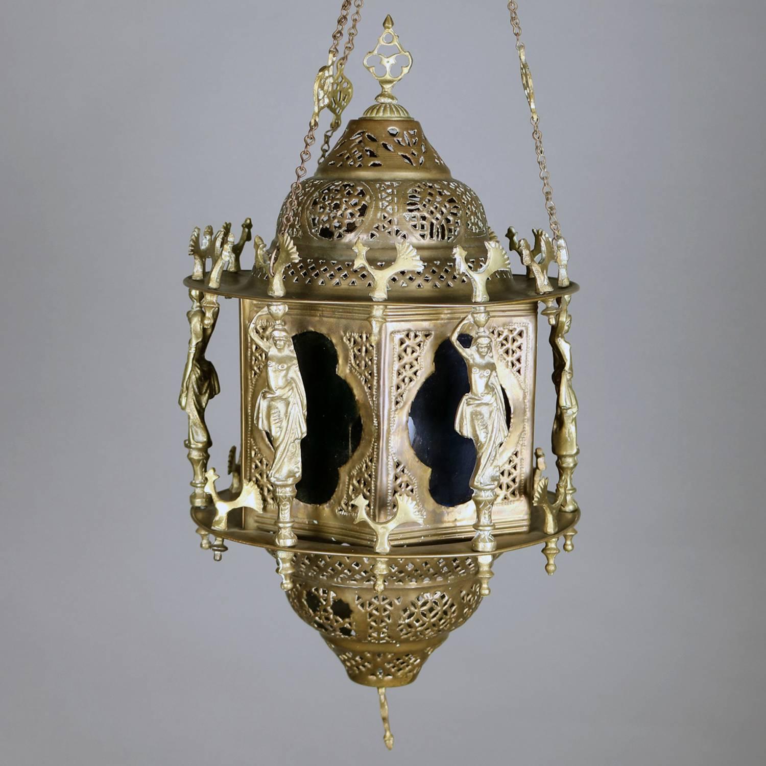Antique Moorish Reticulated & Figural Brass and Glass Hanging Lantern 8