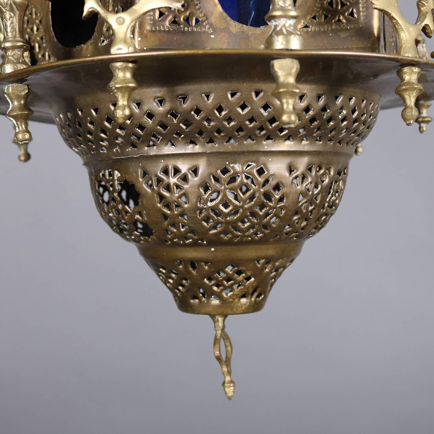 20th Century Antique Moorish Reticulated & Figural Brass and Glass Hanging Lantern