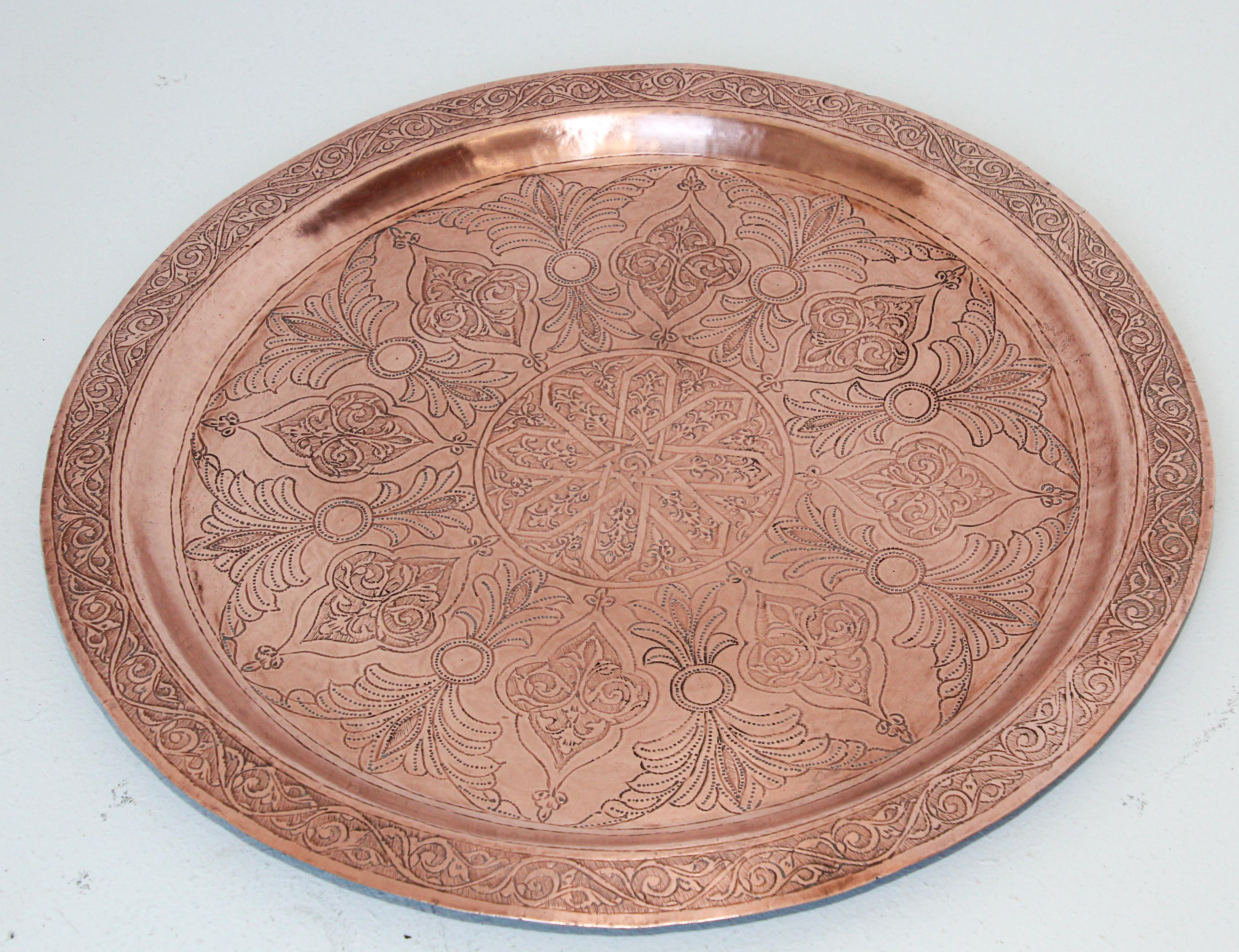 Brass Antique Moorish Round Copper Tray For Sale