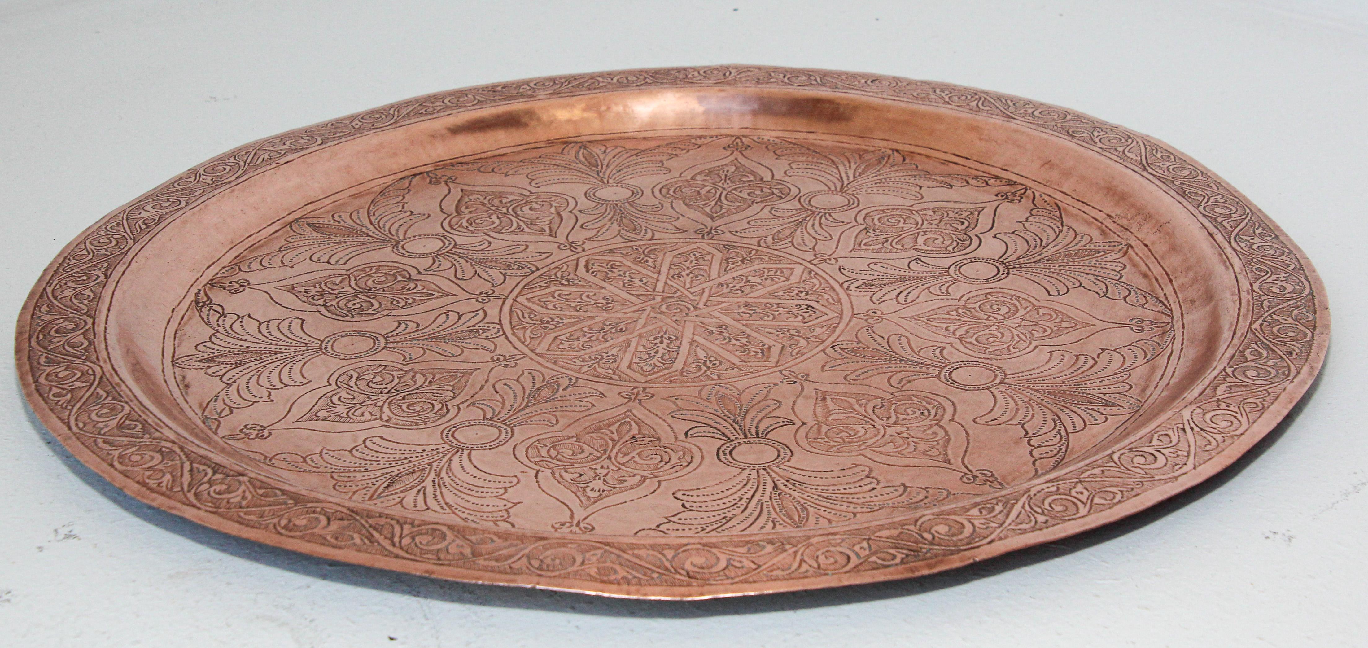 Antique Moorish Round Copper Tray For Sale 1