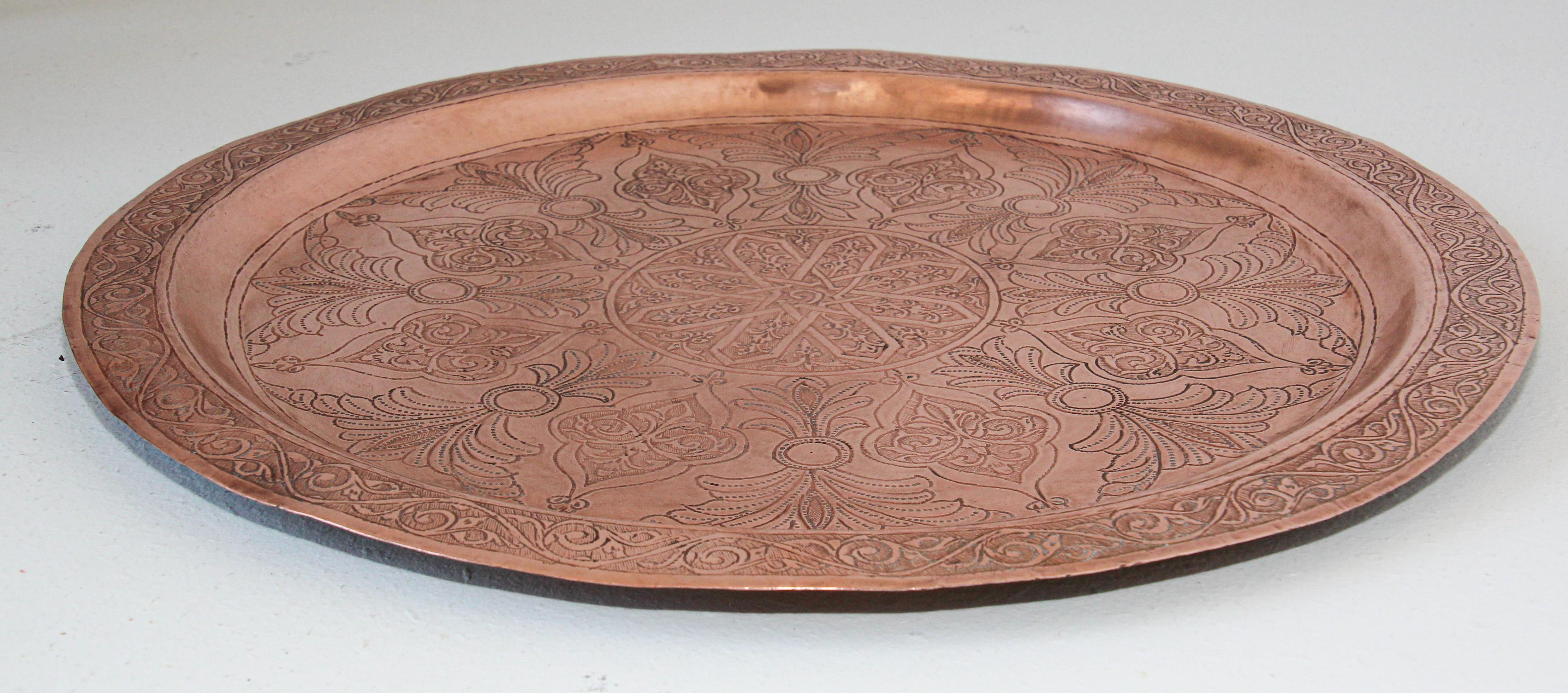 Antique Moorish Round Copper Tray For Sale 2