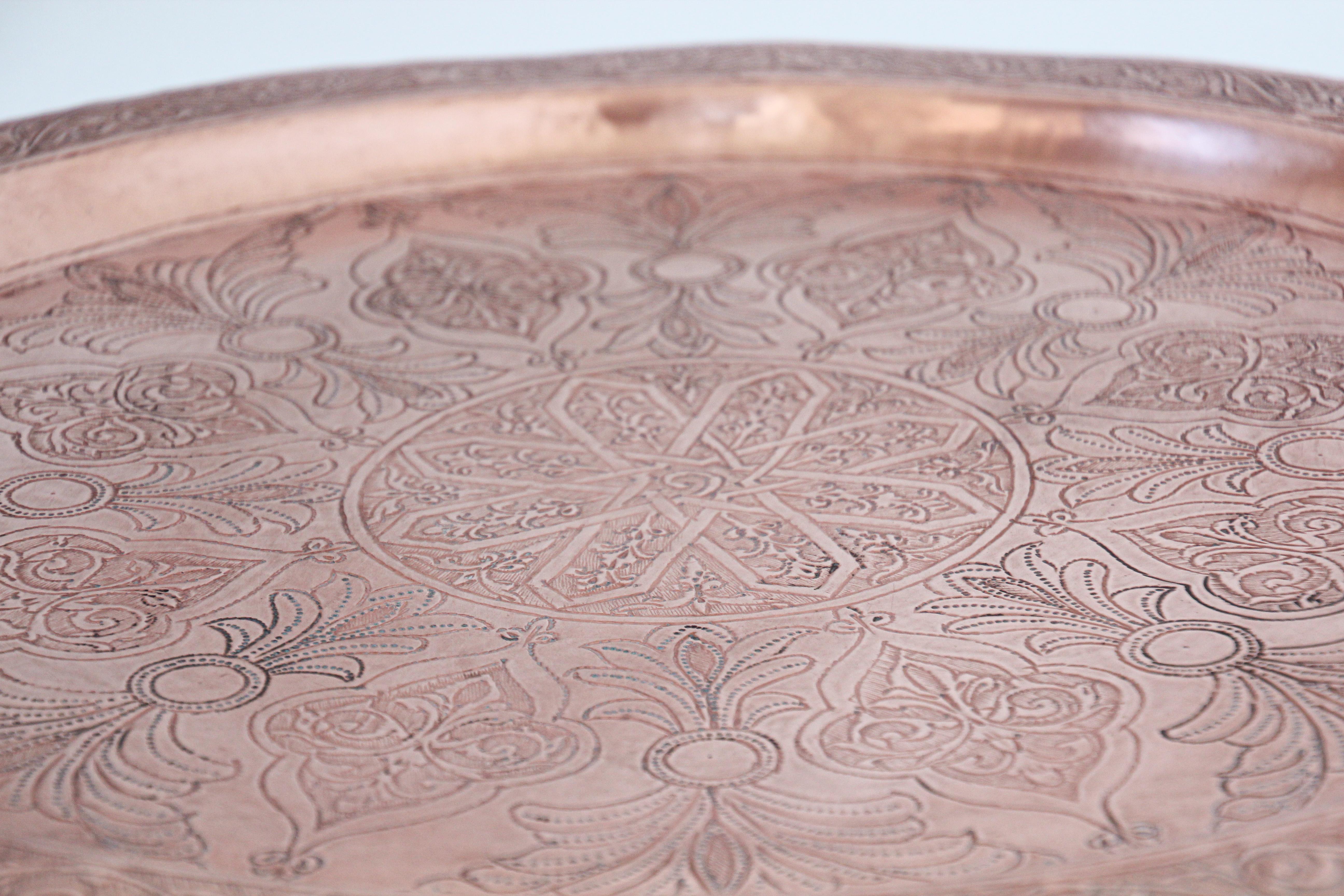 Antique Moorish Round Copper Tray For Sale 3