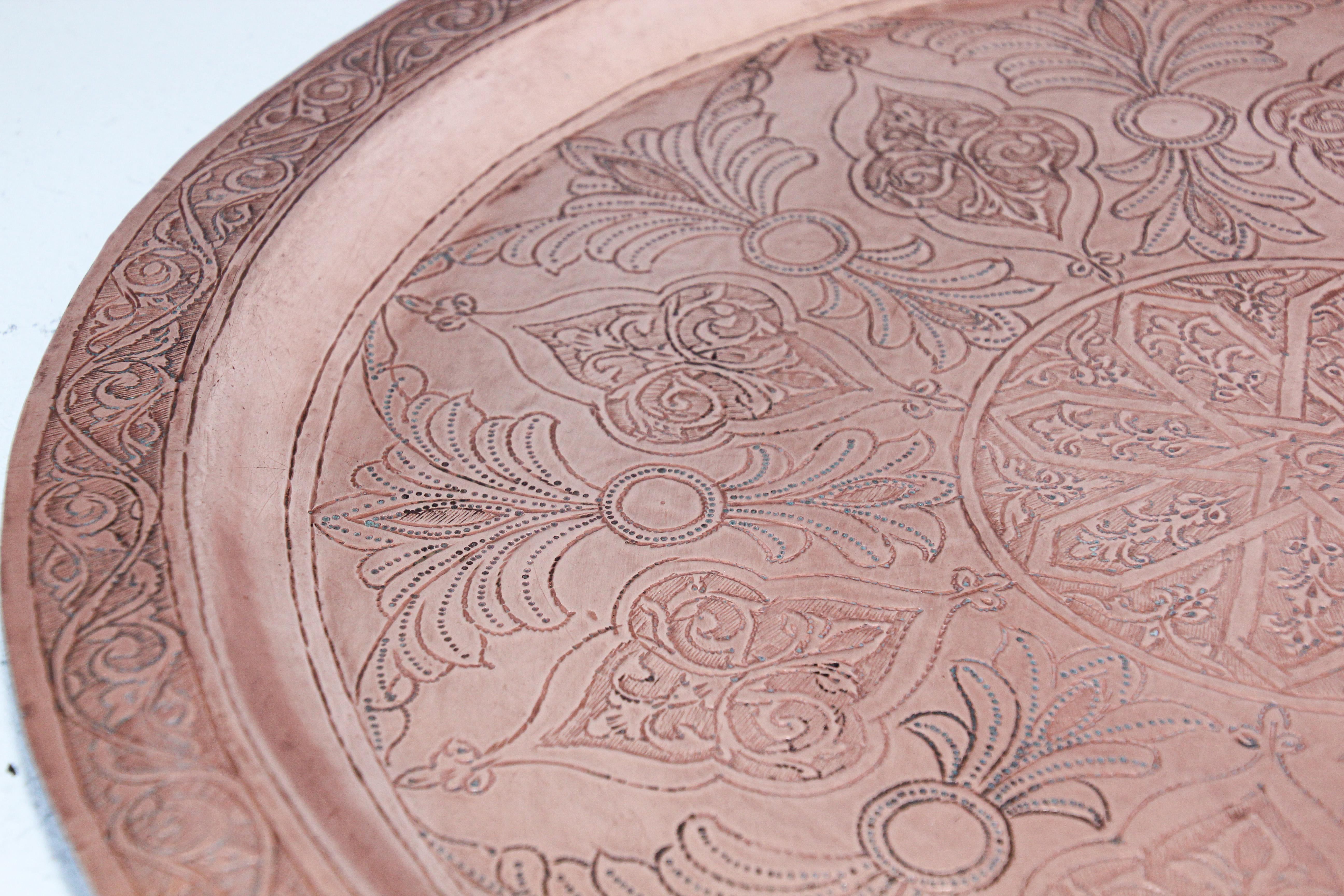 Antique Moorish Round Copper Tray For Sale 4