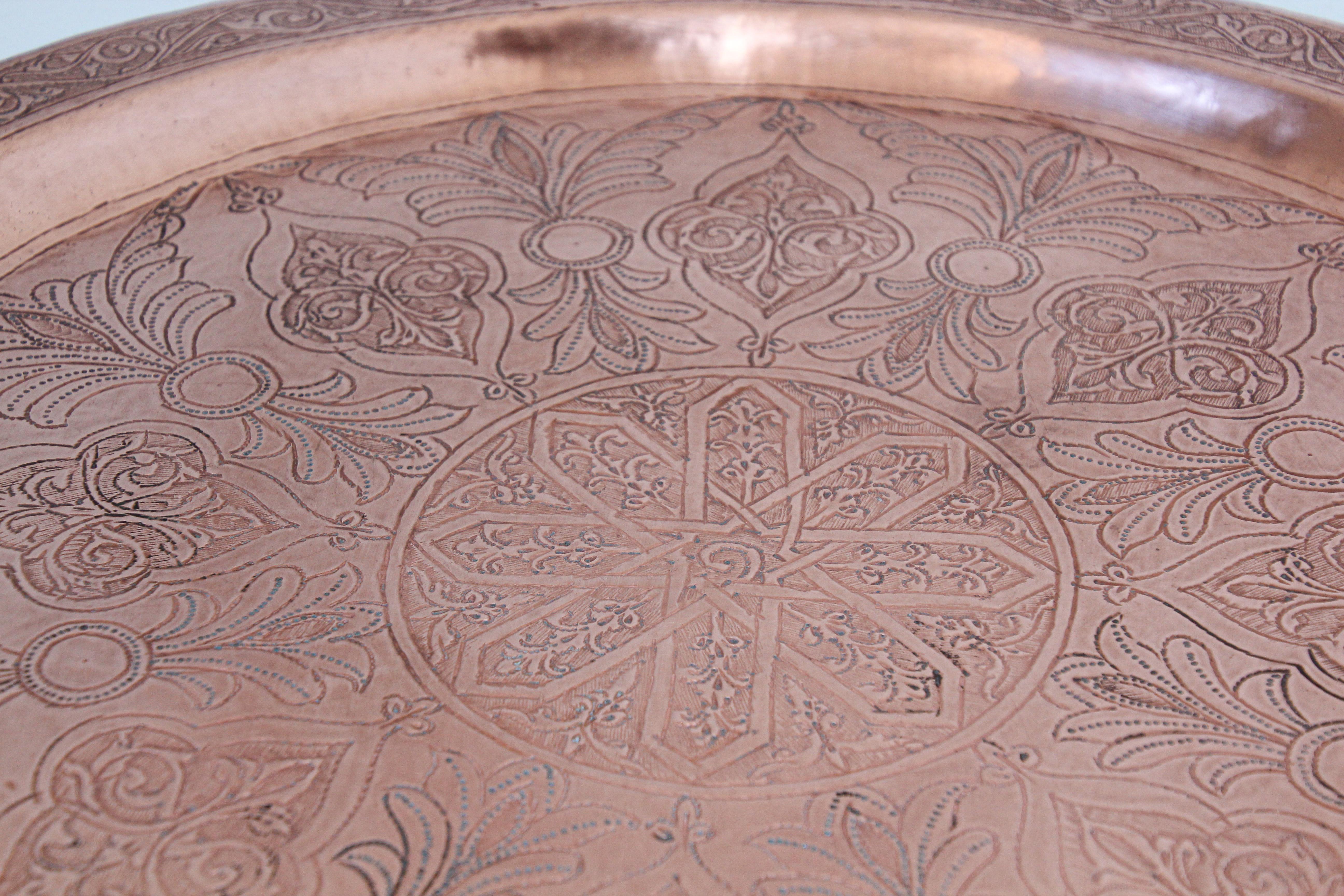 Antique Moorish Round Copper Tray For Sale 5