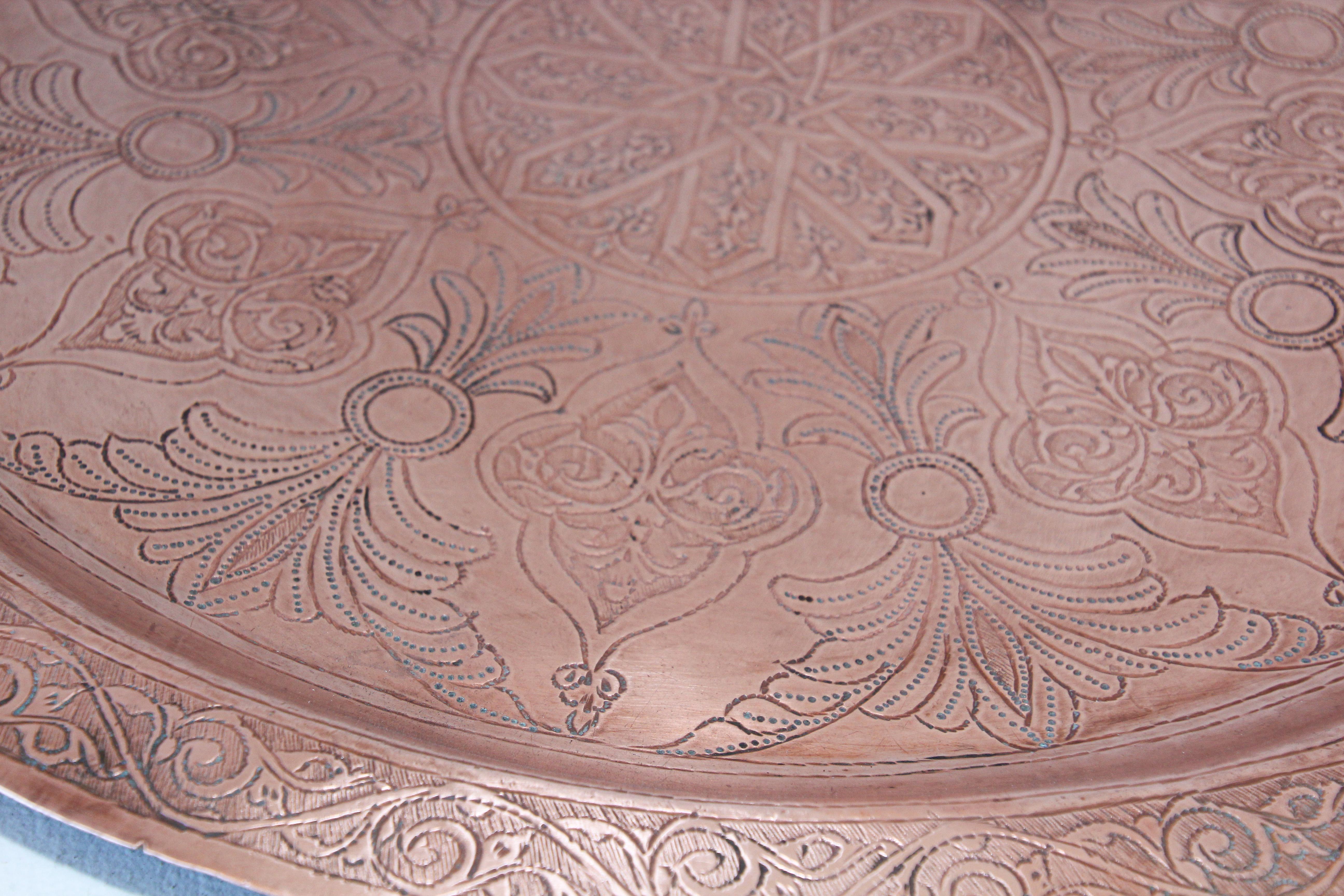 Antique Moorish Round Copper Tray For Sale 6