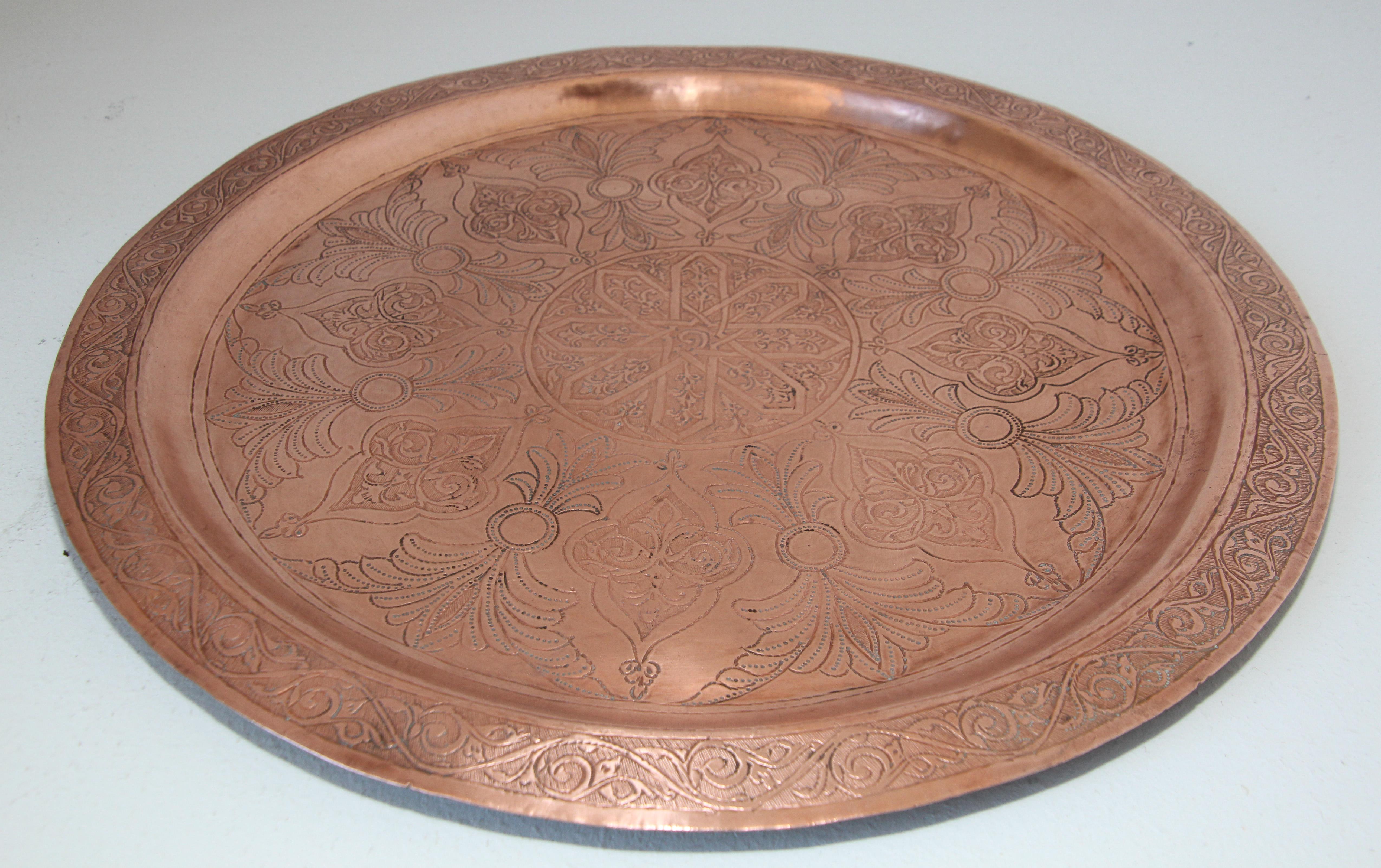 Antique Moorish Round Copper Tray For Sale 7