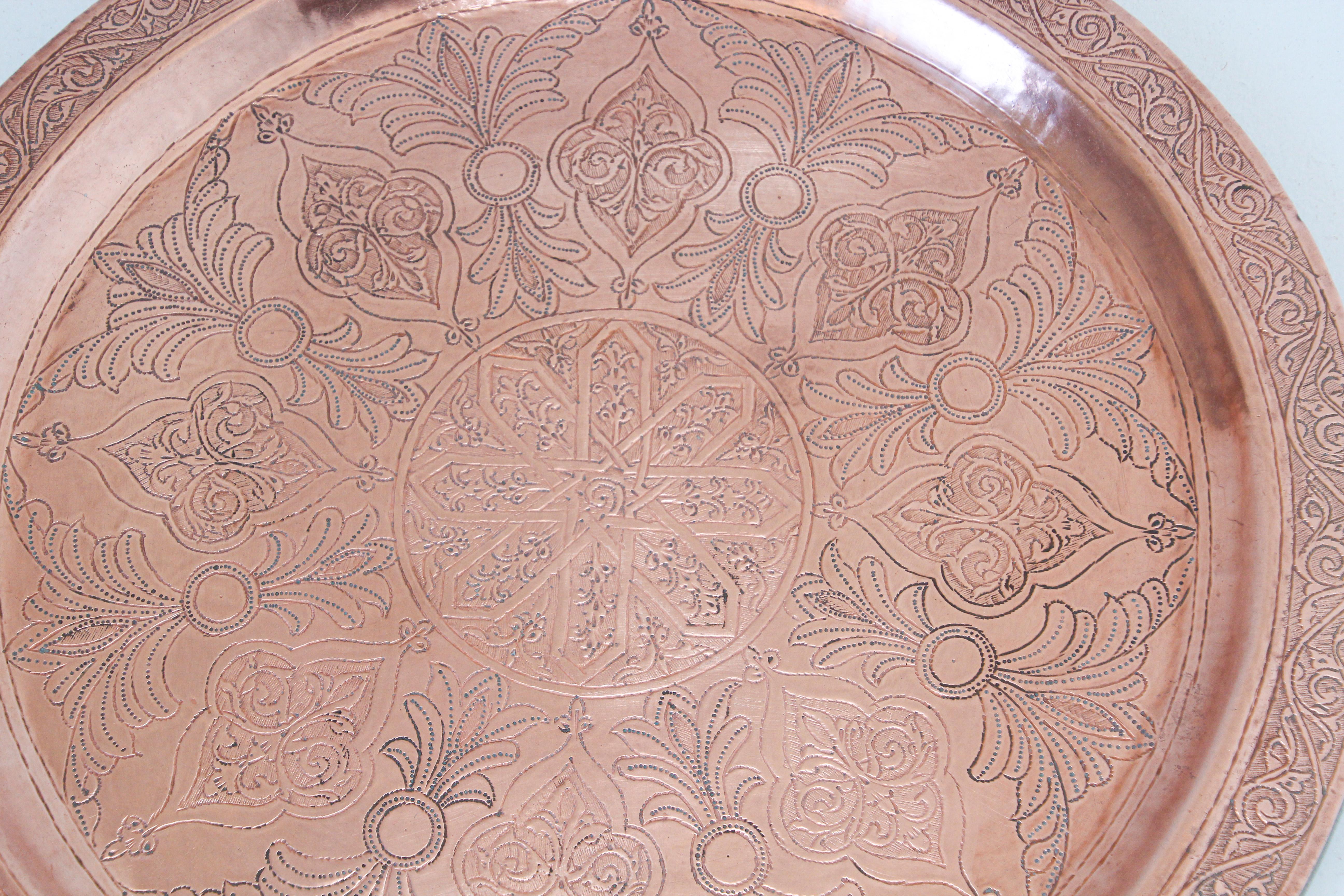 Moroccan Antique Moorish Round Copper Tray For Sale