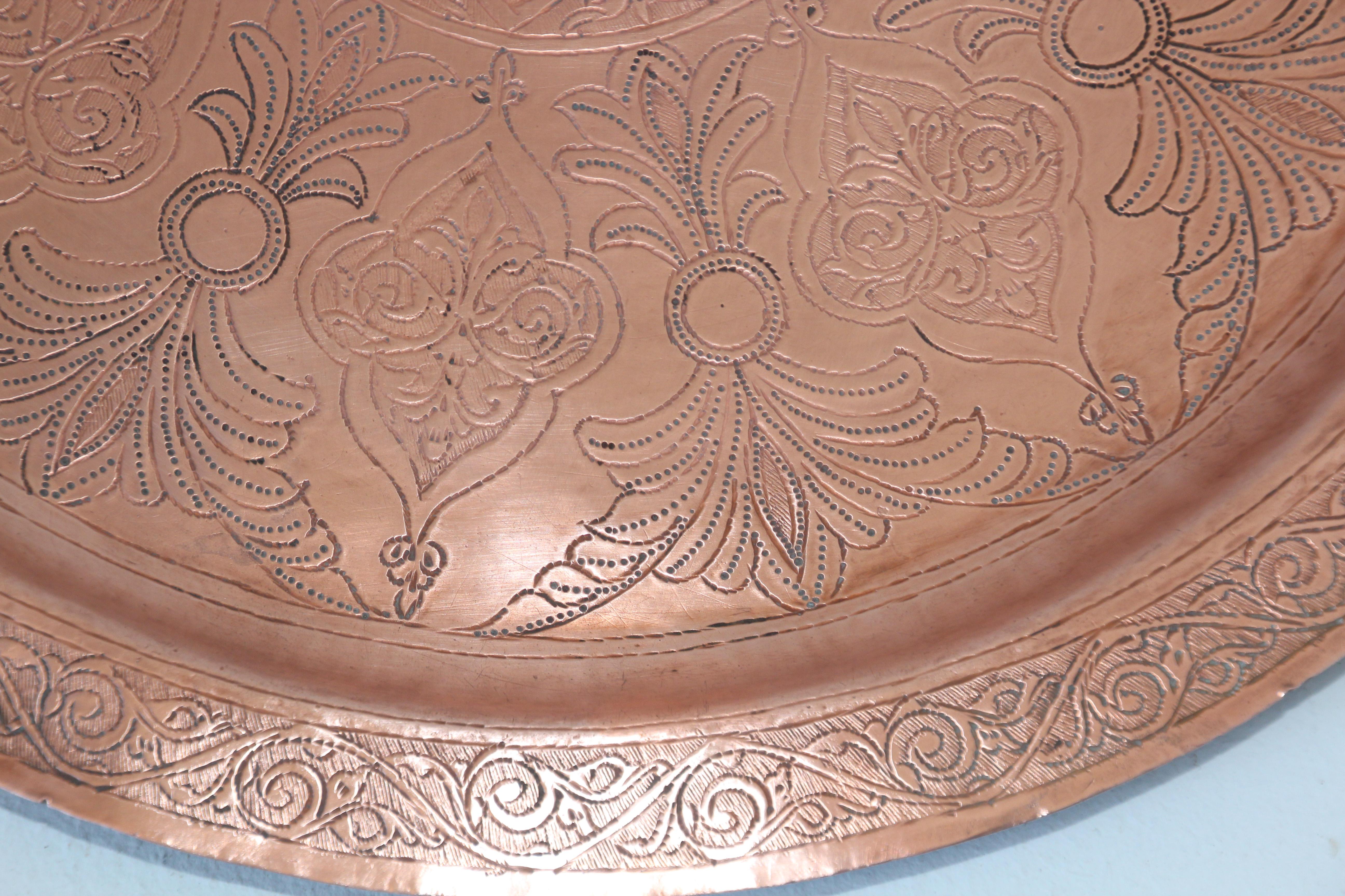 20th Century Antique Moorish Round Copper Tray For Sale