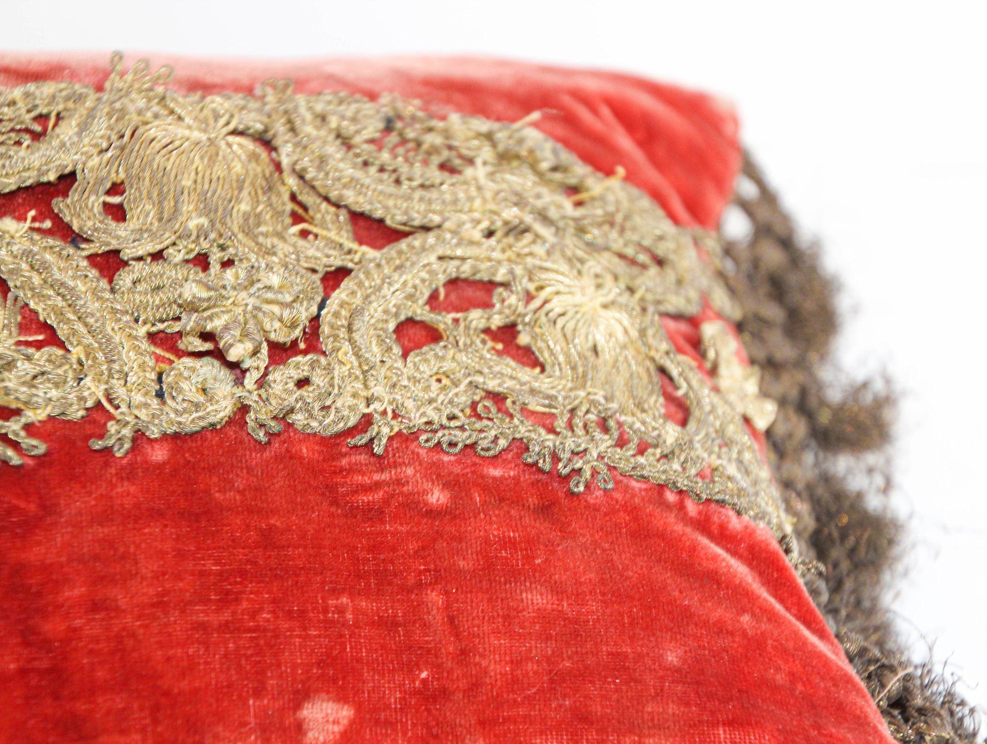 Antique Venetian Moorish Silk Velvet Throw Pillows Embellished Metallic Treads For Sale 1