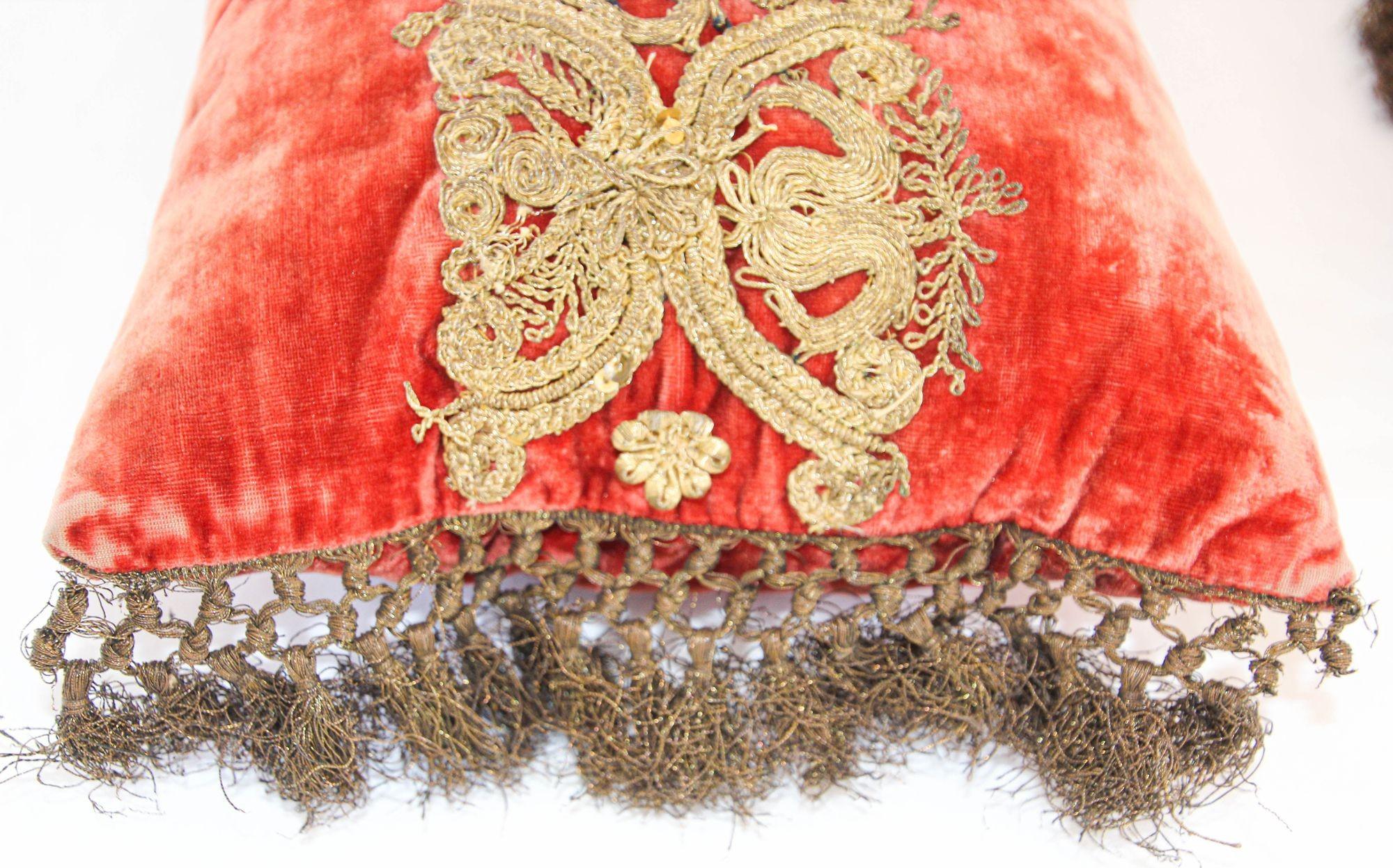 Antique Venetian Moorish Silk Velvet Throw Pillows Embellished Metallic Treads For Sale 3