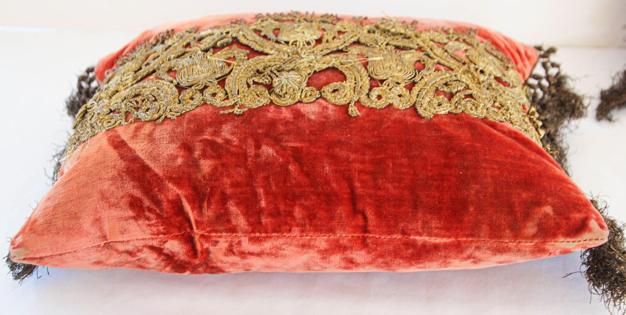 Italian Antique Venetian Moorish Silk Velvet Throw Pillows Embellished Metallic Treads For Sale