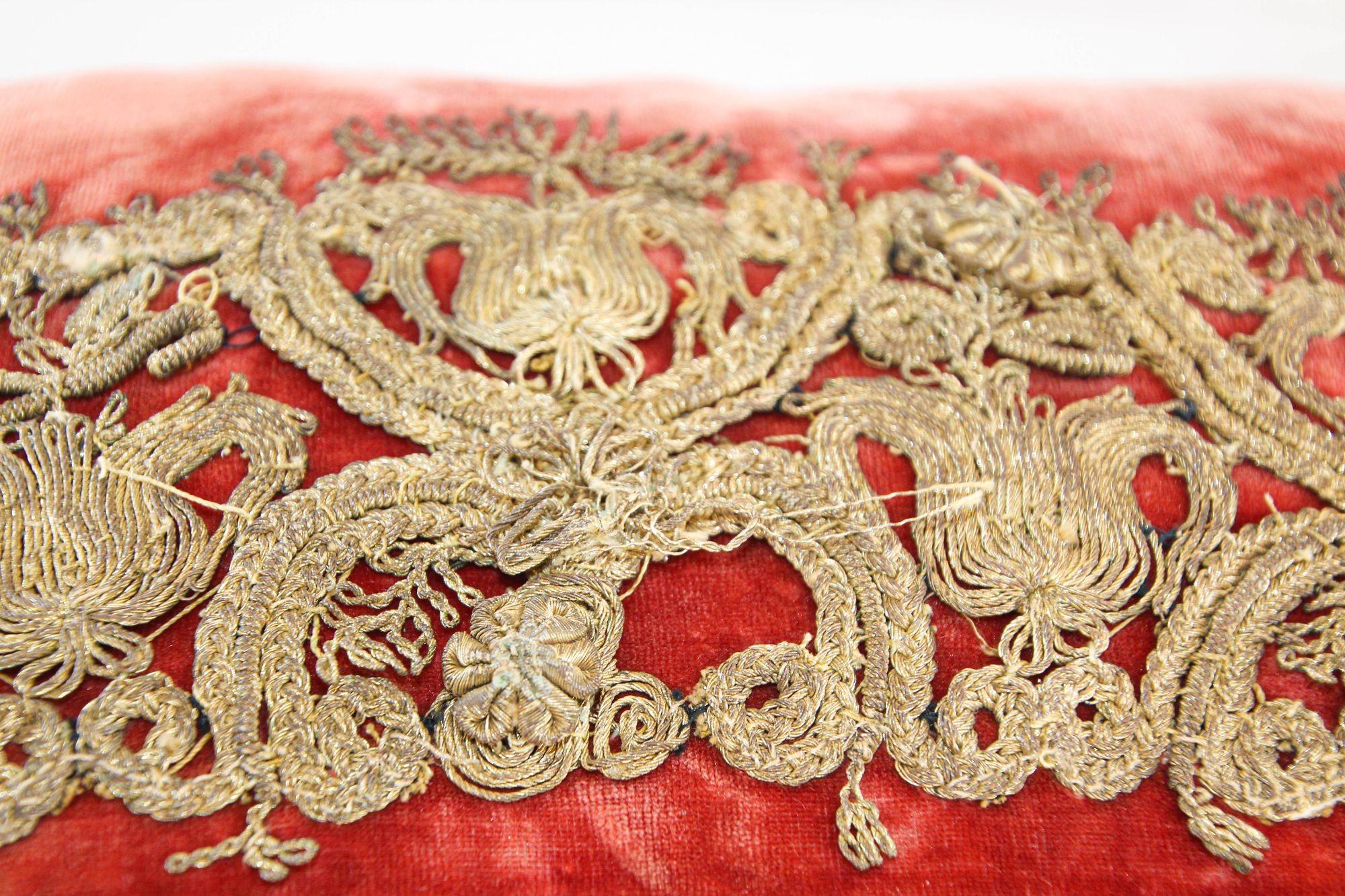 Hand-Crafted Antique Venetian Moorish Silk Velvet Throw Pillows Embellished Metallic Treads For Sale