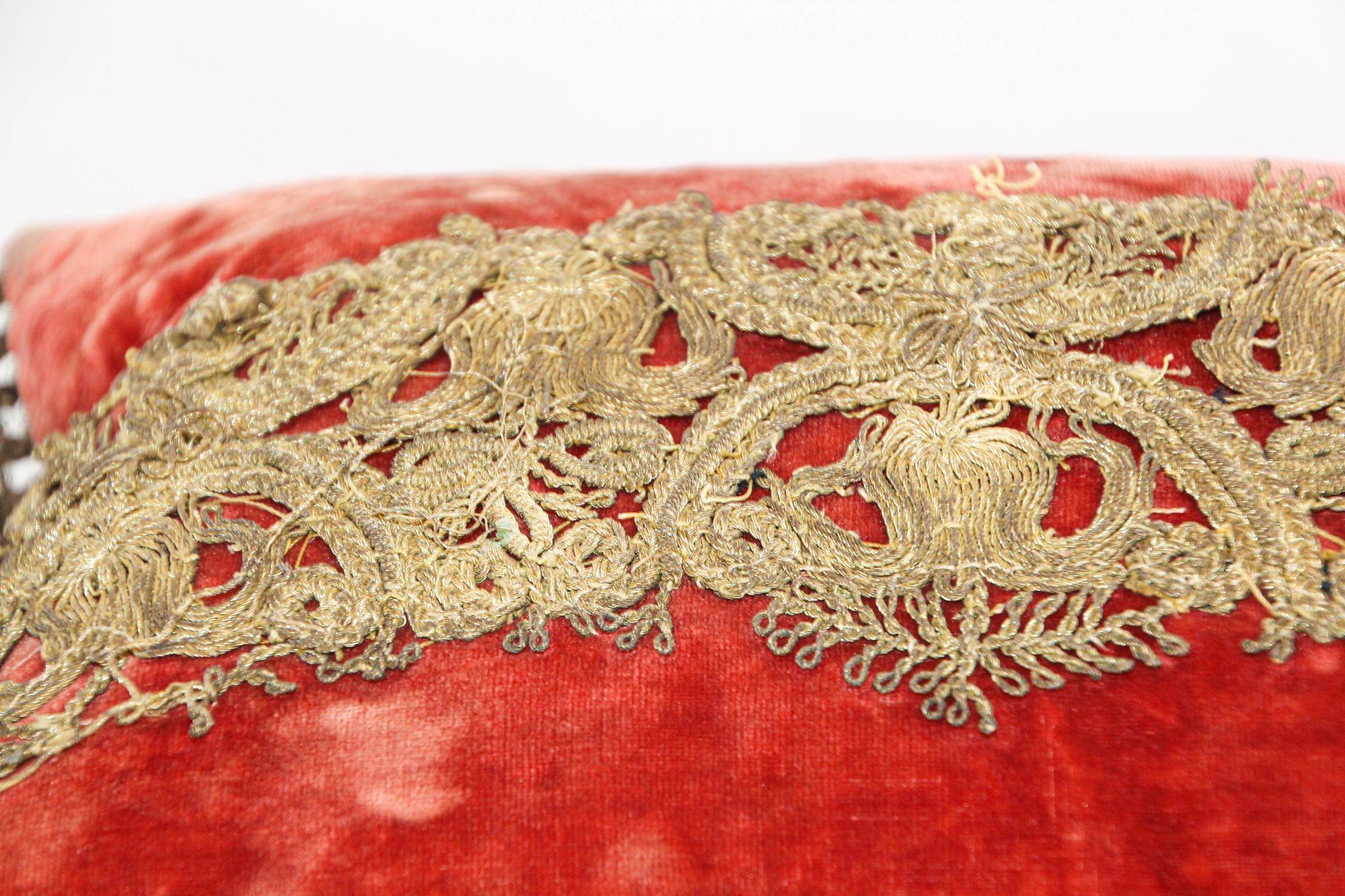 19th Century Antique Venetian Moorish Silk Velvet Throw Pillows Embellished Metallic Treads For Sale